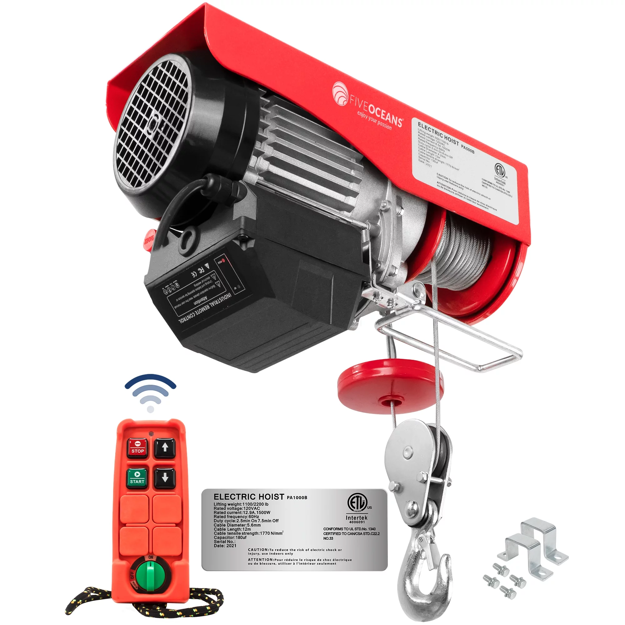Five Oceans Electric Hoist, Hoist Pulley System, 1100 Lb Electric Winch with Wireless Remote Control 110 Volt - FO4402