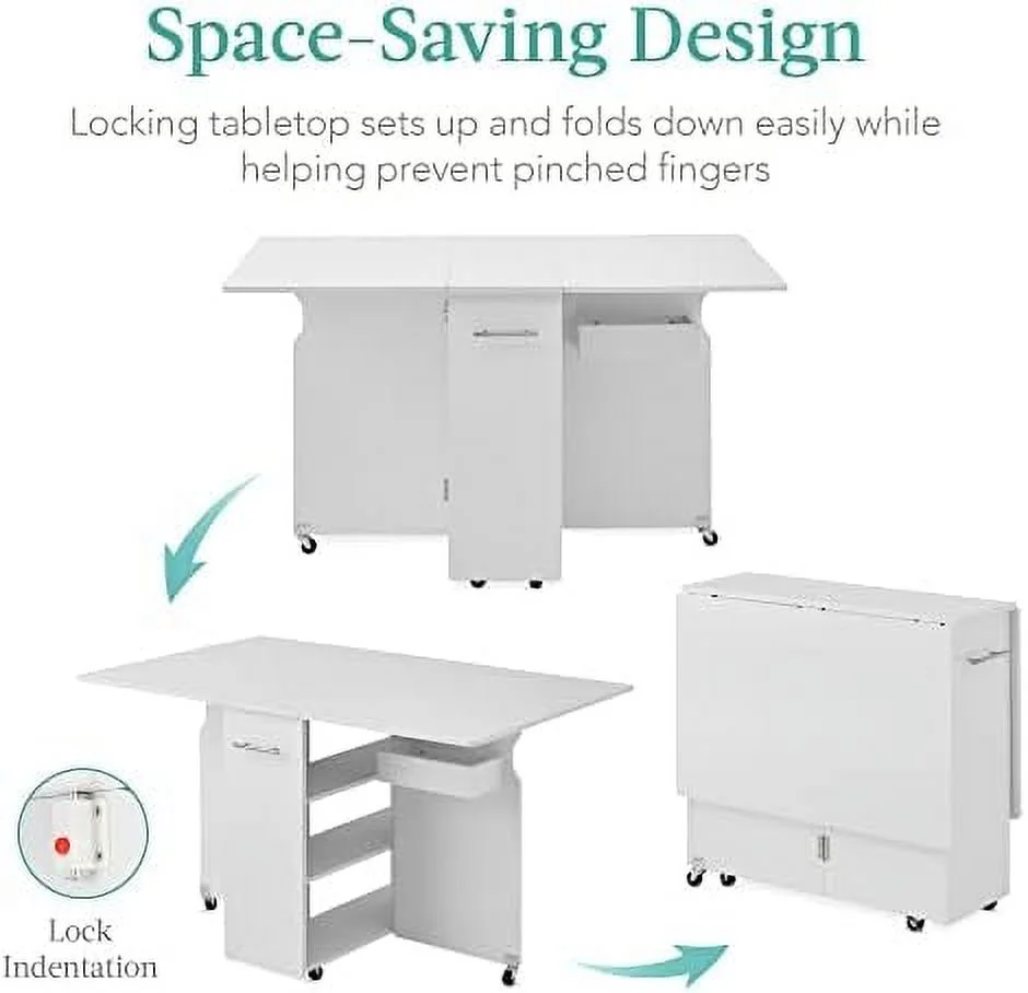 STVBG Folding Dining Table  Multipurpose Collapsible Drop Leaf Extension  Versatile Space Saving Desk  w/Wheels  3  Shelves  Metal Handle - White