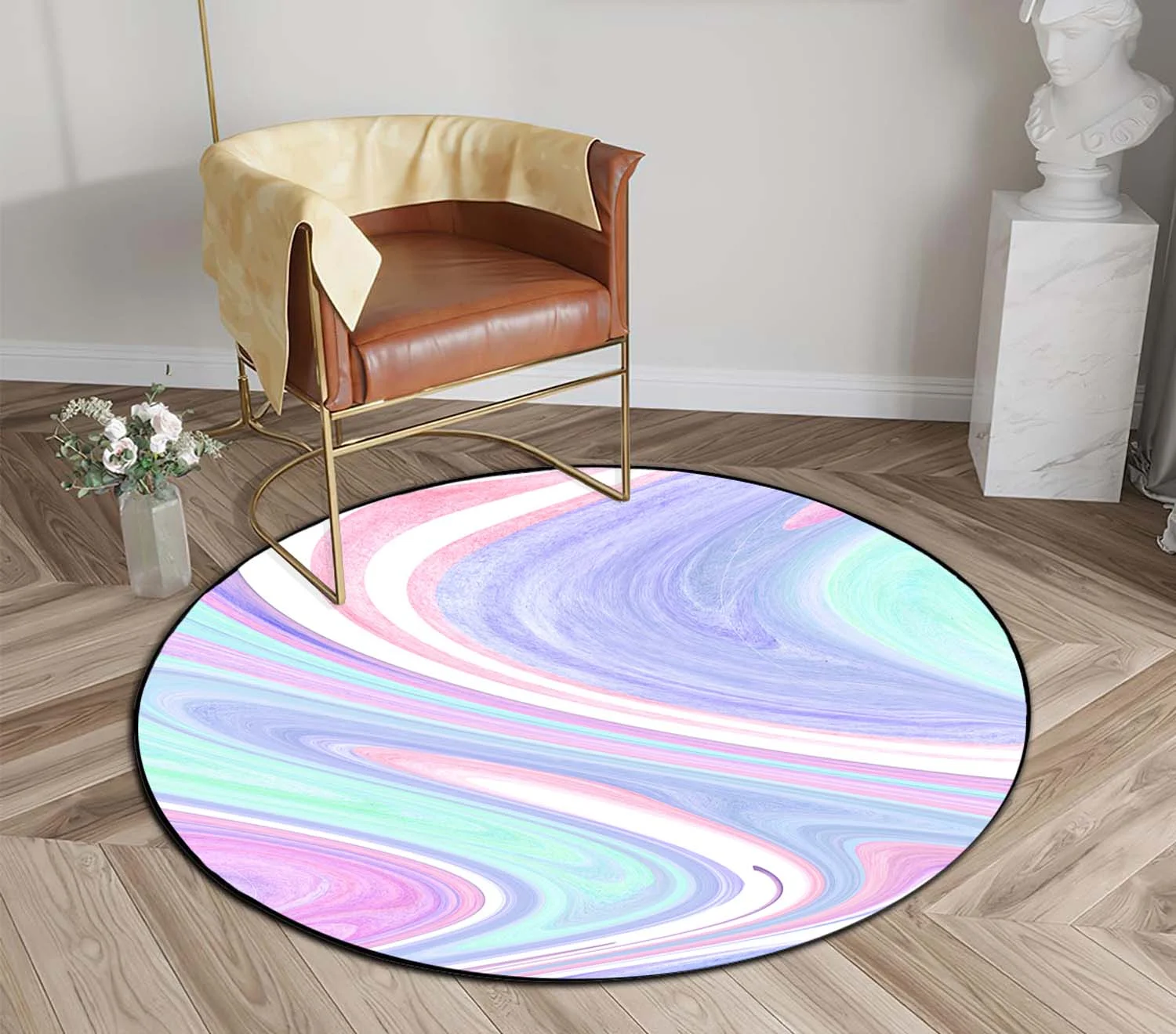 PKQWTM marble texture Silk Round Area Rugs Diameter 3 x 3ft Floor Carpet Mat for Living Dinning Room Bedroom Kitchen Hallway Office Decor