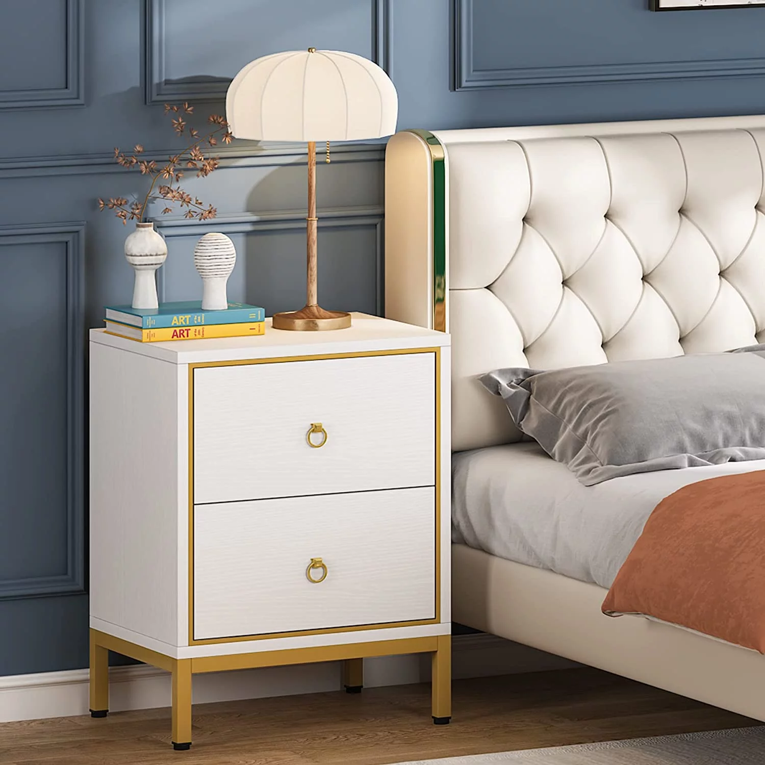 Tribesigns Nightstand with 2 Drawers, White &Gold End Table with Storage, Tall Night Stands Bedside Table for bedrooms, Modern Wood Bedside Furniture with Metal Frame for Bedroom, Living Room