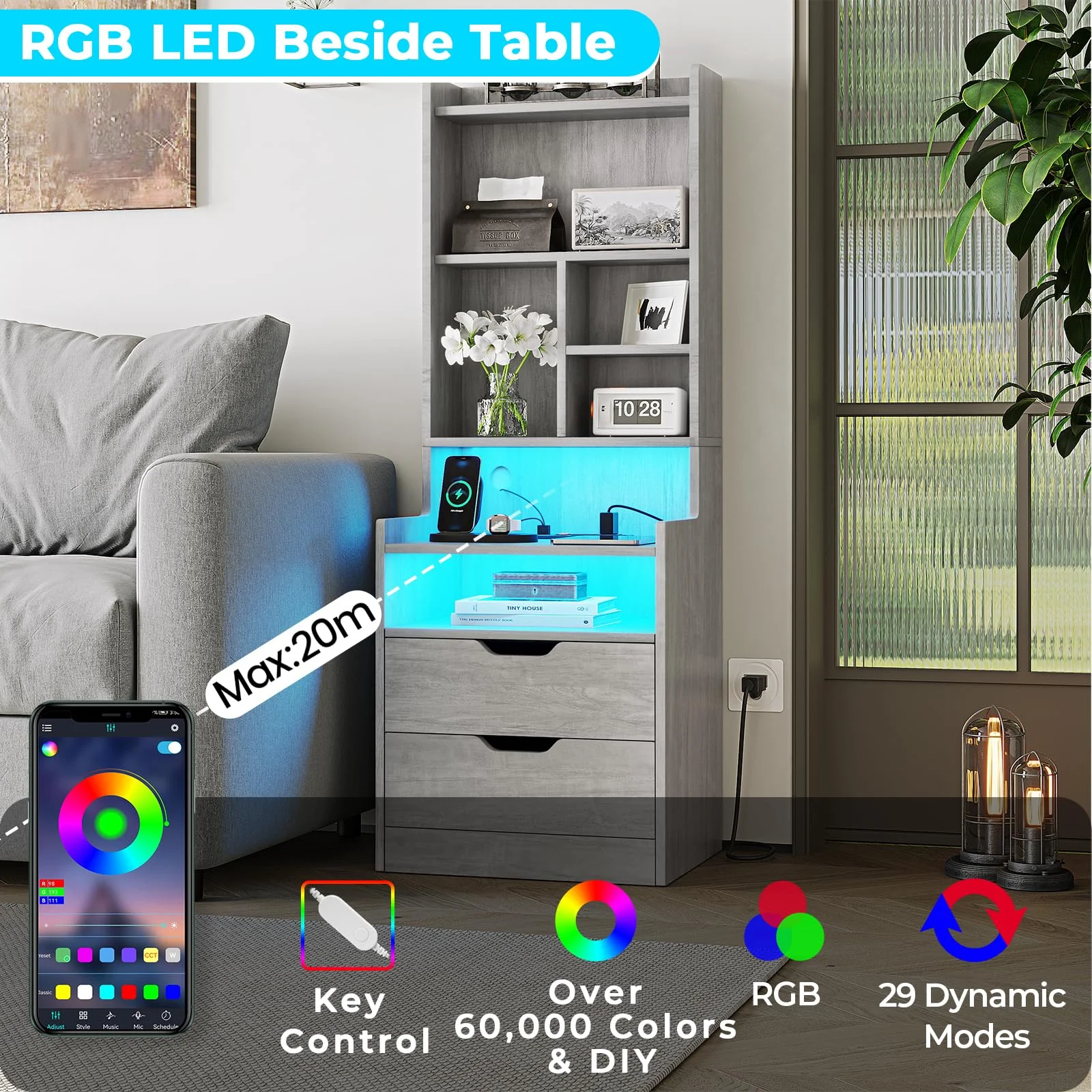 Afuhokles Night Stand with Charging Station and LED Lights, Tall Bedside Table with Drawers, Grey