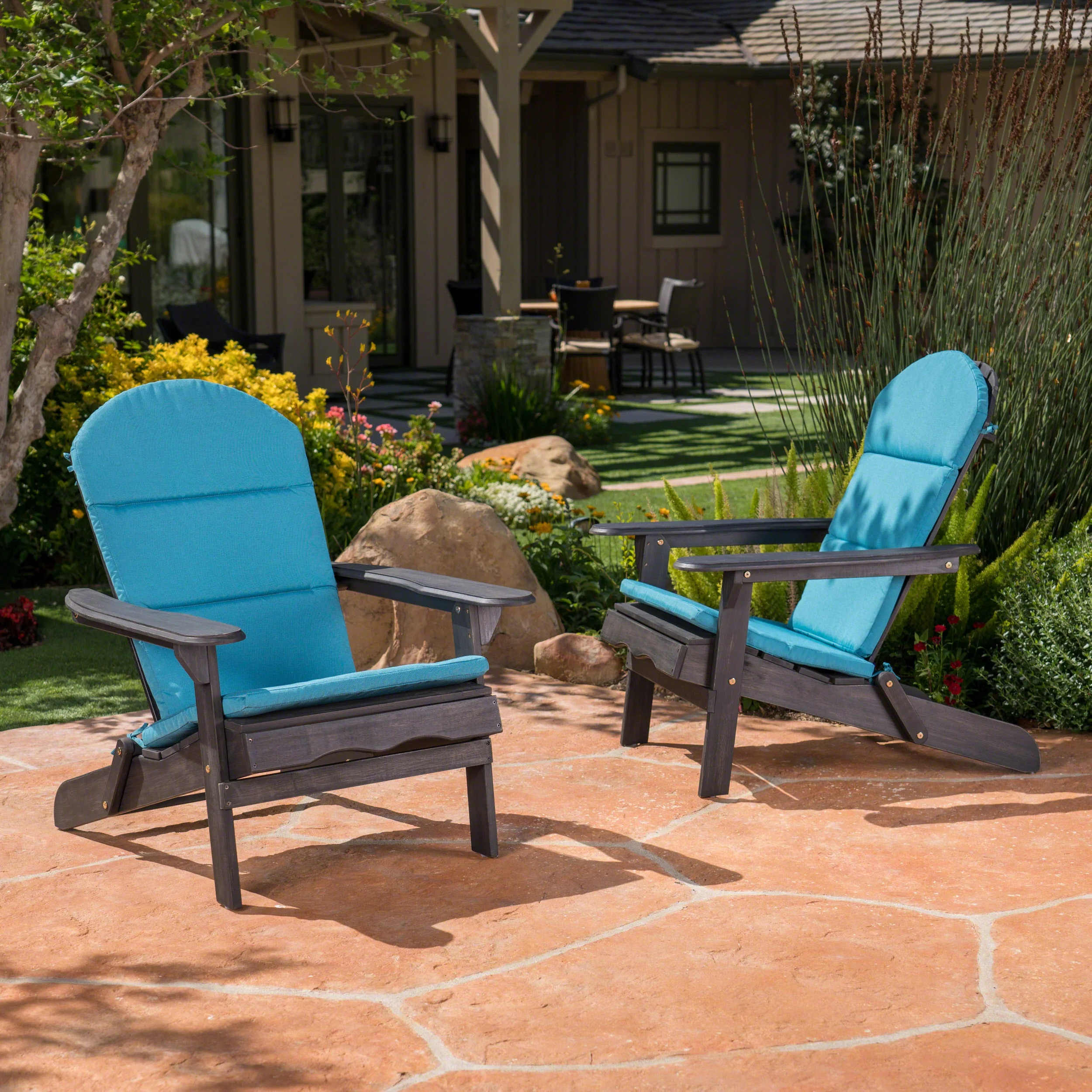 Ariel Outdoor Acacia Wood Folding Adirondack Chairs with Cushions (Set of 2), Dark Gray and Dark Teal