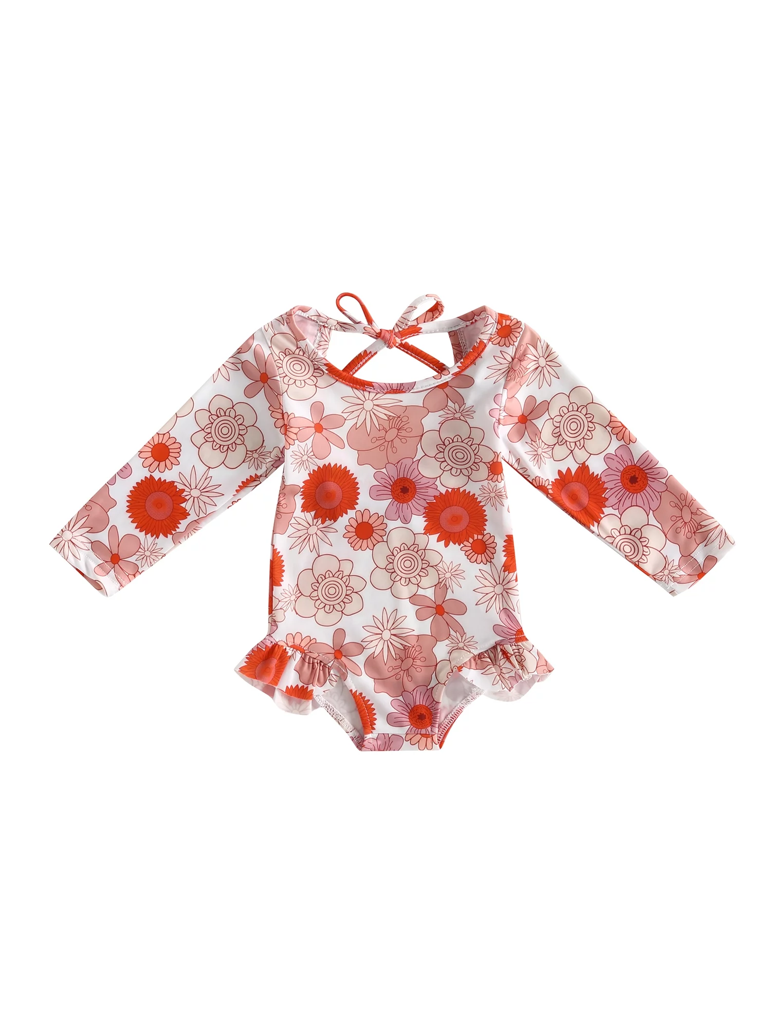 Infant Baby Girls Long Sleeve Swimwear Beach Wear Cute O Neck Ruffle Floral Swimsuit Bathing Suit