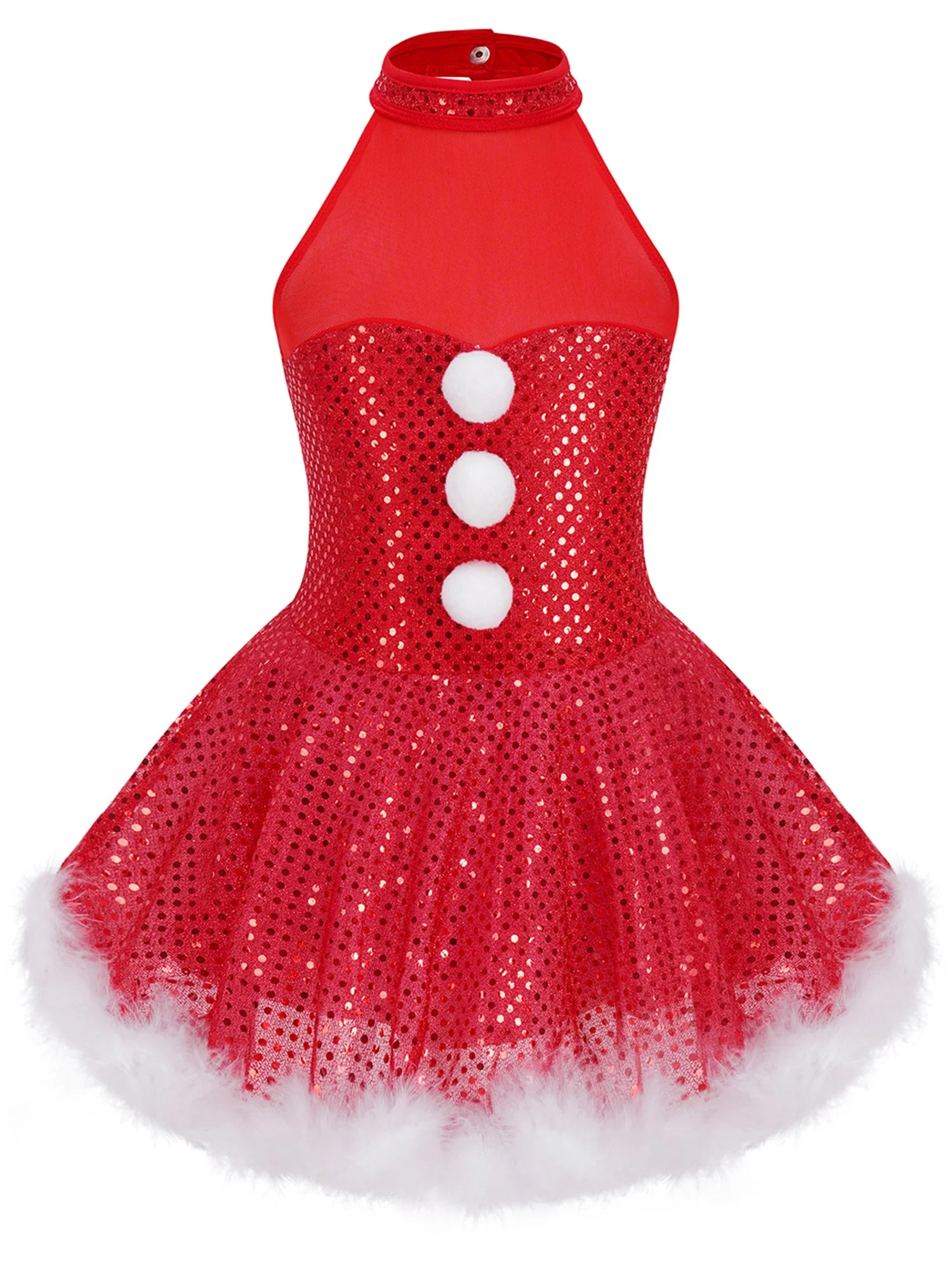 Aislor Little Big Girls Sequins Santa Christmas Stage Performance Costume Halter Tutu Dress
