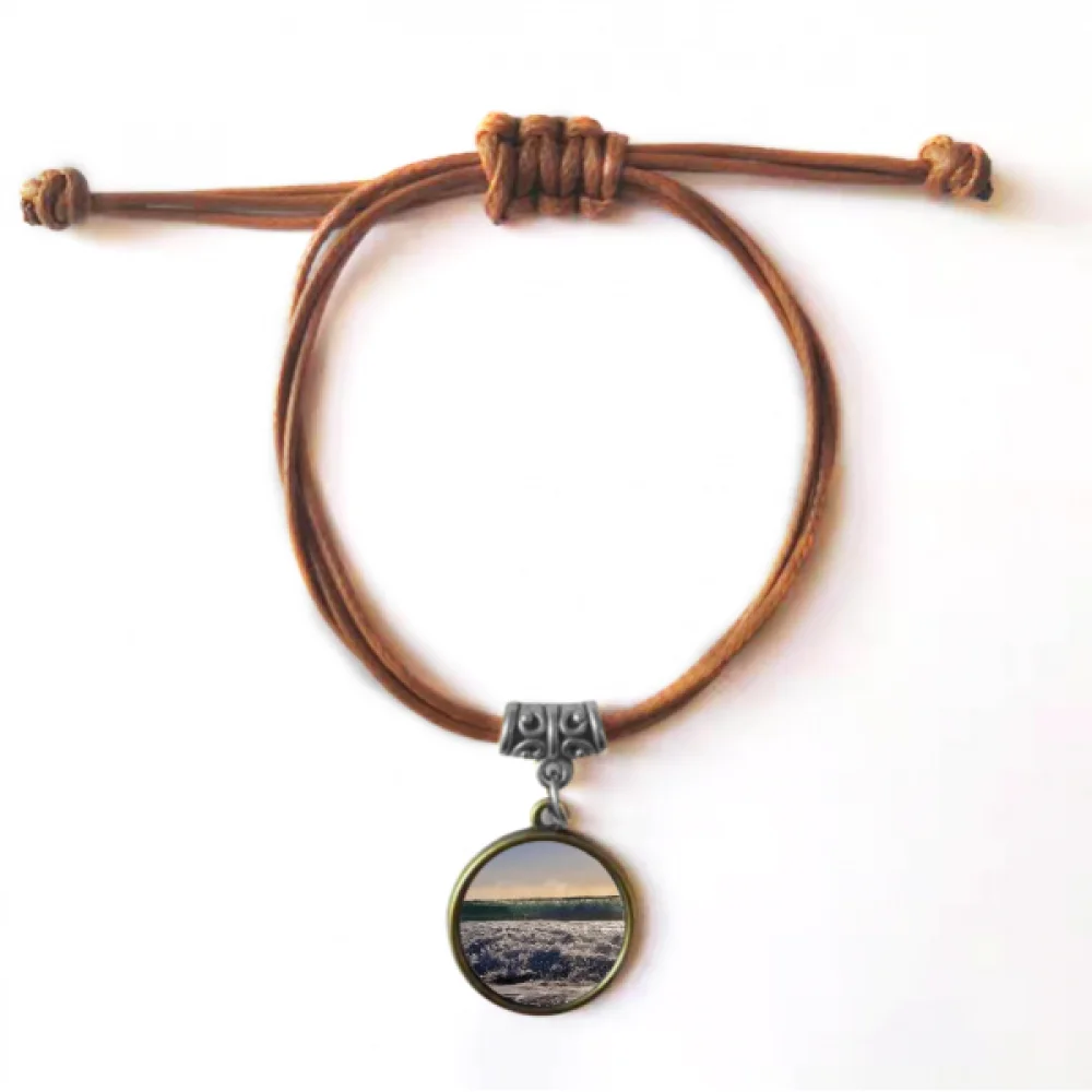 Sunshine Ocean Water Wave Science Nature Picture Bracelet Leather Hide Rope Wristband Brown Jewelry