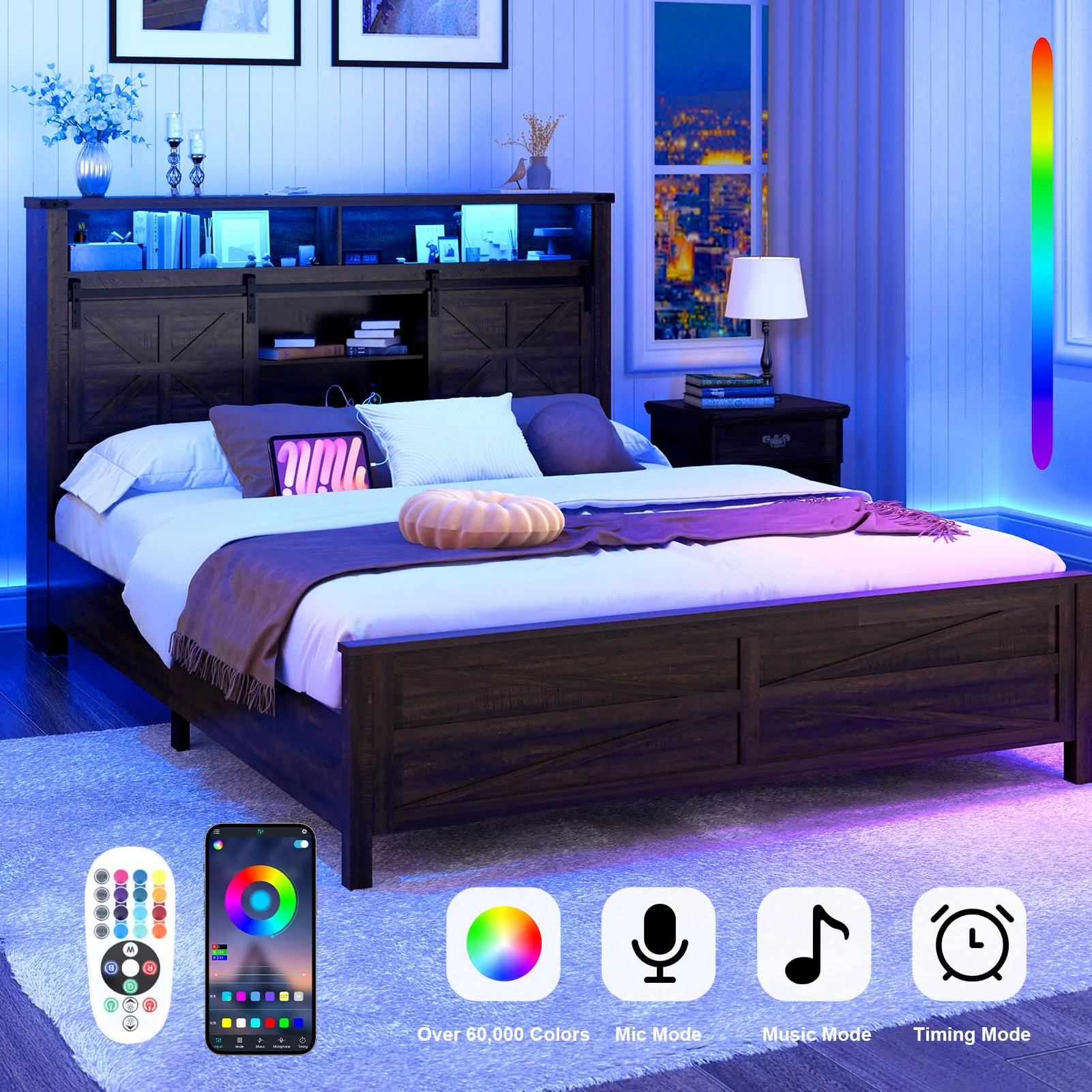 Farmhouse Queen Size Bed Frame with LED Light & Charging Station, Sliding Barn Door Platform Bed with Storage Headboard & Bookcase & Tall Footboard(Brown)