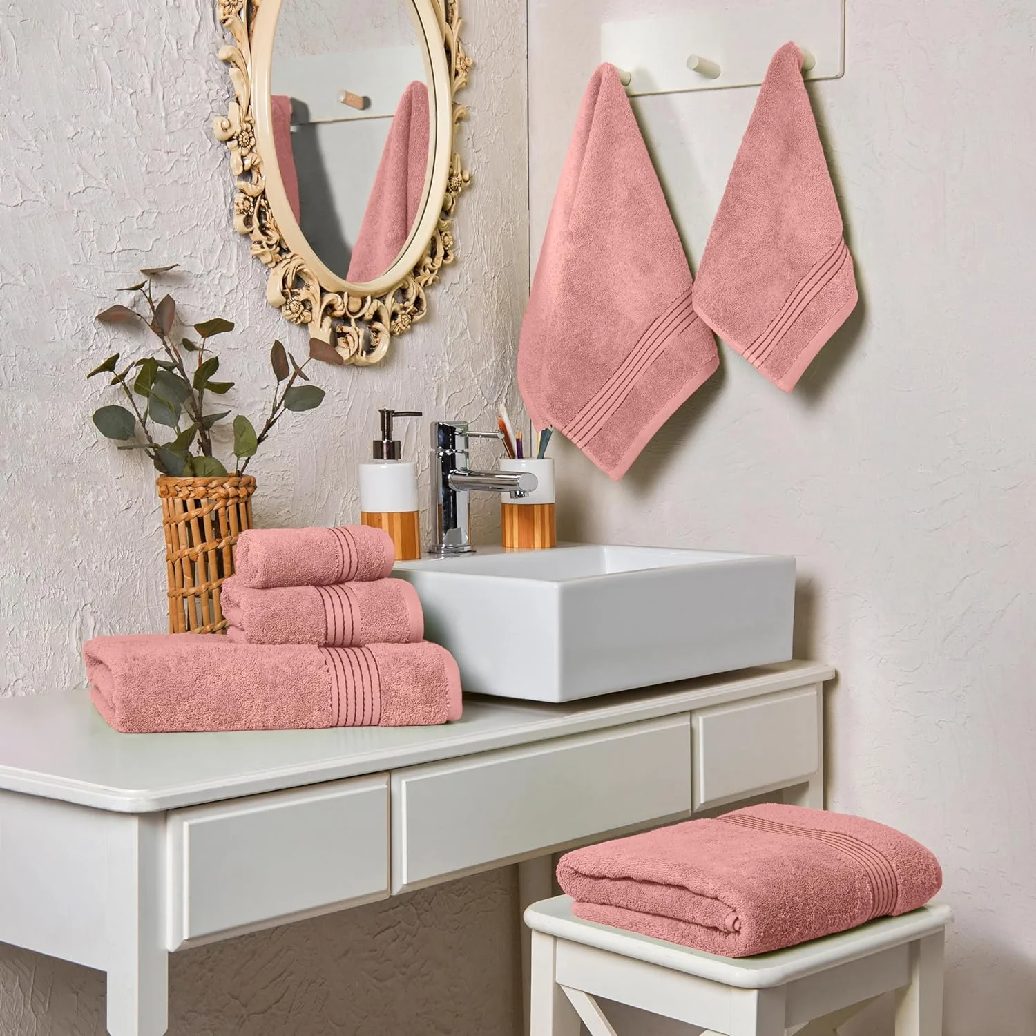 Discount Cotton 6-Piece Towel Set, Includes 2 Washcloths, 2 Hand Towels and 2 Bath Towels, 100% Turkish Cotton - Highly Absorbent and Super Soft Towels for Bathroom, Dusty Rose