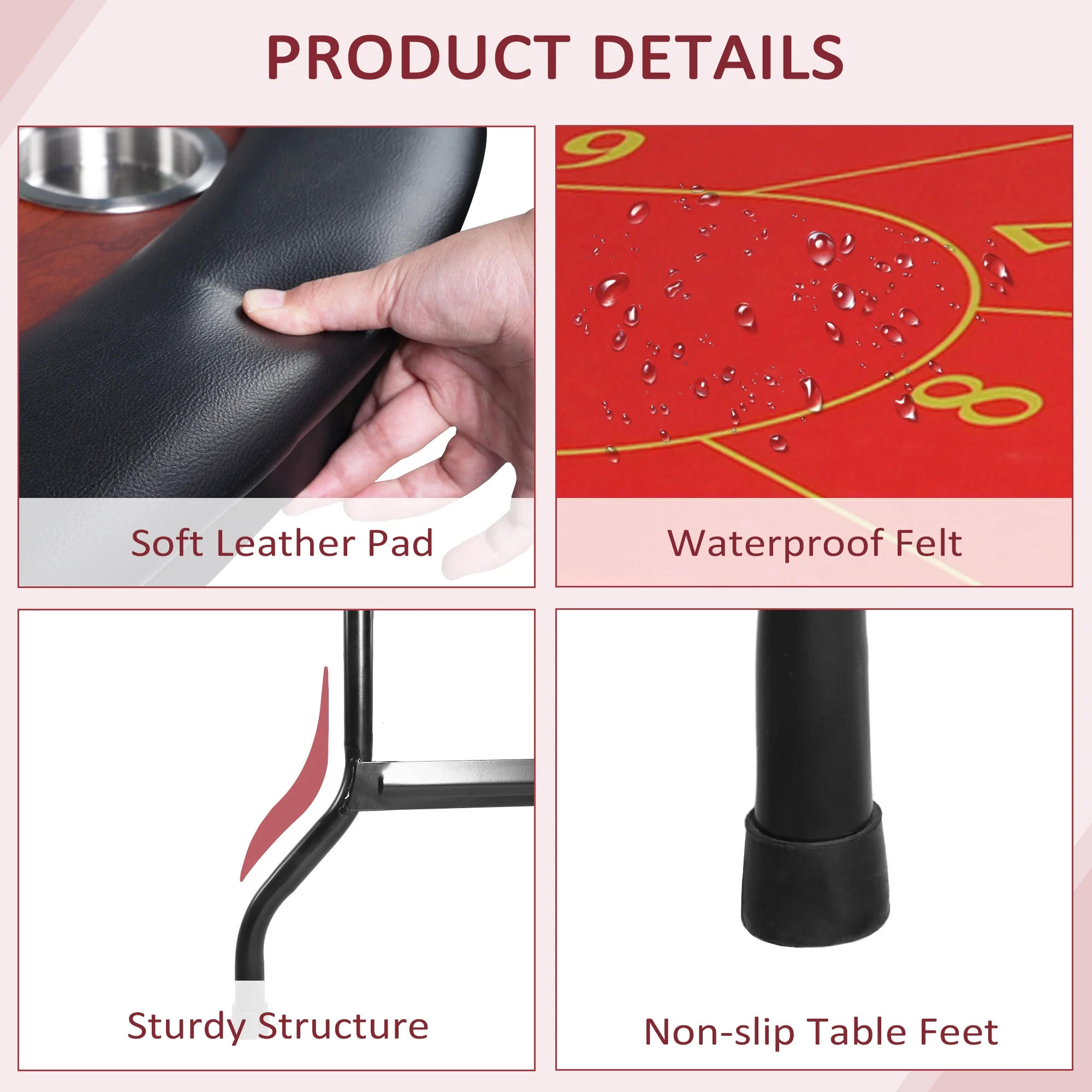 10 Player Foldable Poker Table with Cup Holders, Portable Texas Blackjack Holdem Poker Table with Chip Tray, Folding Casino Leisure Card Board Game Table with Padded Rails, Stylish Red Design