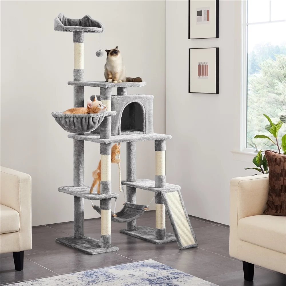 Easyfashion 69.5-inch Cat Tree Cat Activity Center with Scratching Post Tunnel Light Gray