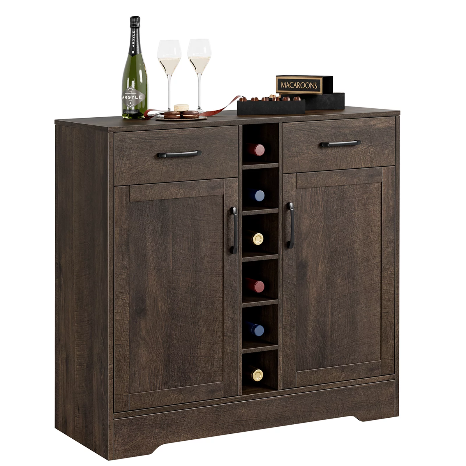 Homfa 6-Grid Wine Cabinet with Adjustable Shelf, Buffet Cabinet with 2 Drawers, Dark Brown