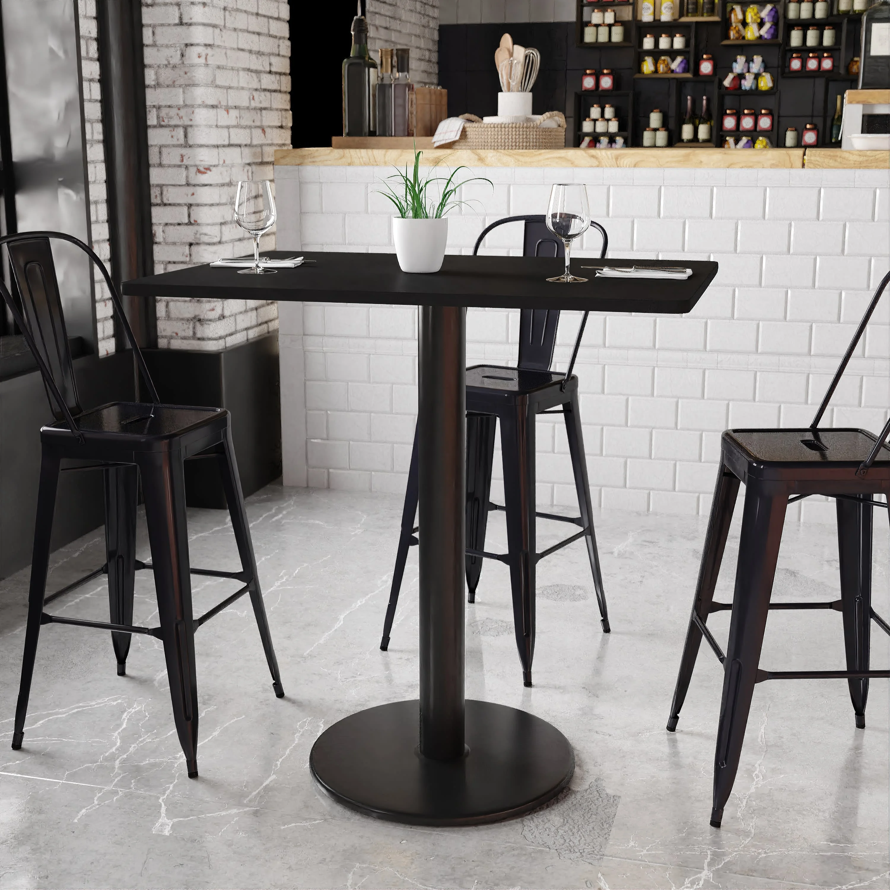 BizChair 30'' x 42'' Rectangular Black Laminate Table Top with 24'' Round Bar Height Table Base