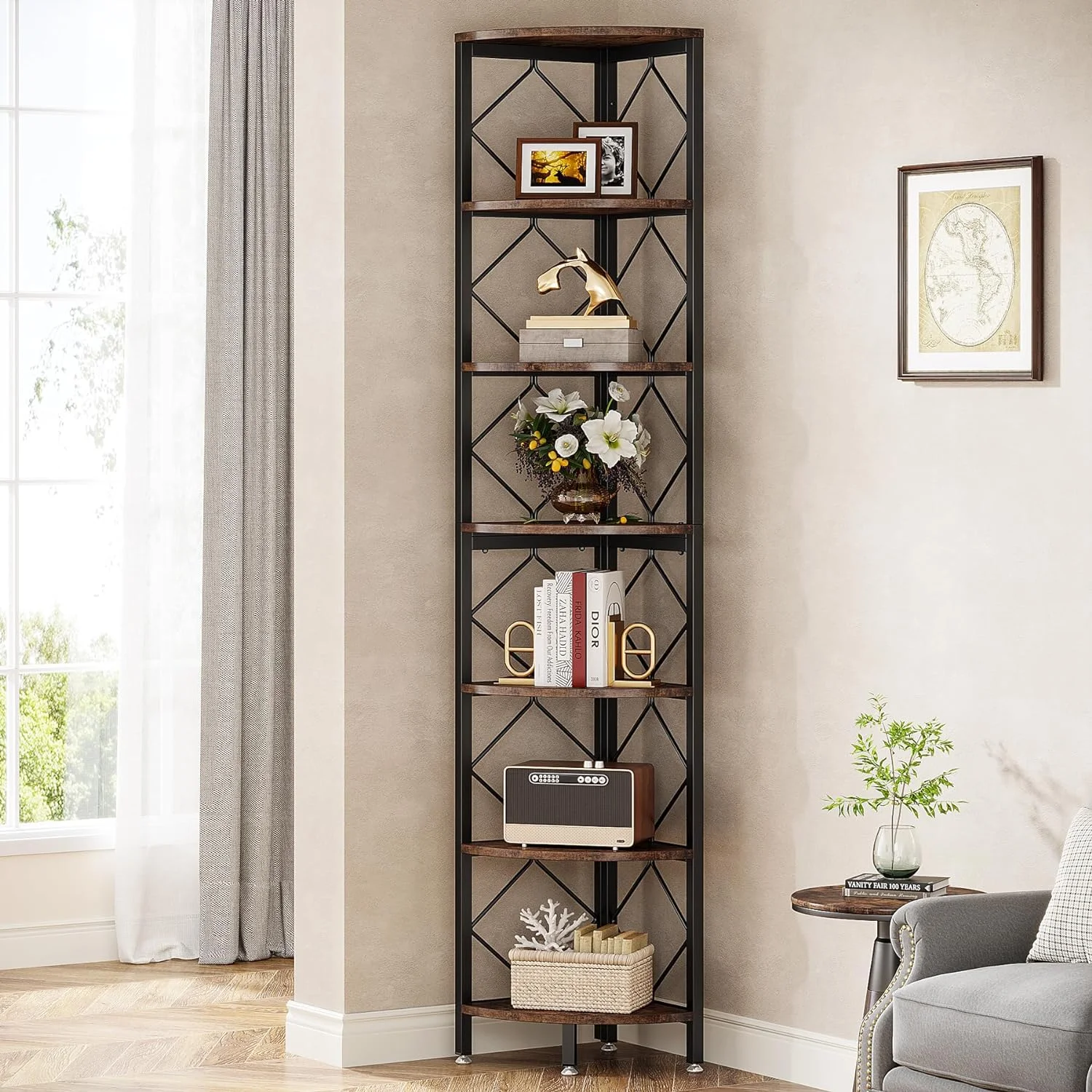 Tribesigns 7-Tier Extra Tall Corner Bookshelf, Industrial Slim Corner Storage Rack
