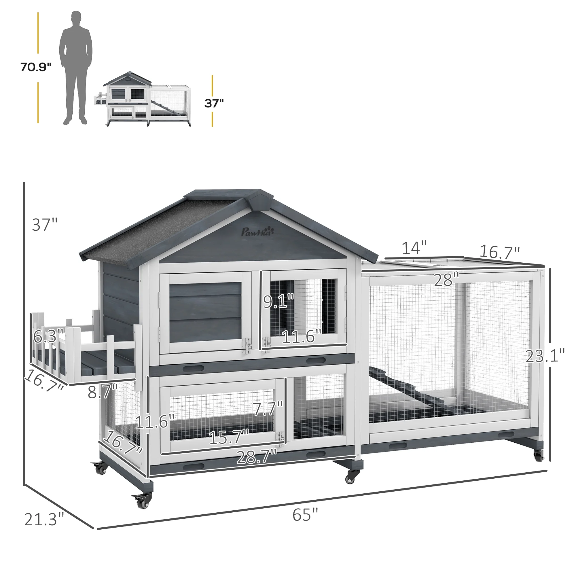 PawHut Wooden Rabbit Hutch with Wheels, Openable Roof, Storage Box, Gray