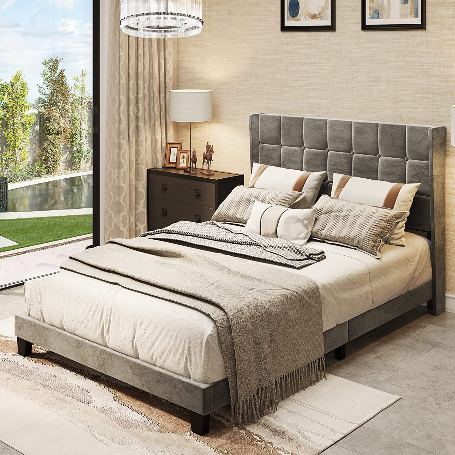 Dextrus Upholstered Bed Frame, Platform Bed Base with Grey Velvet Square Tufted Headboard, Strong Wood Slats Support Queen Size Mattress Foundation, No Box Spring Needed, Grey