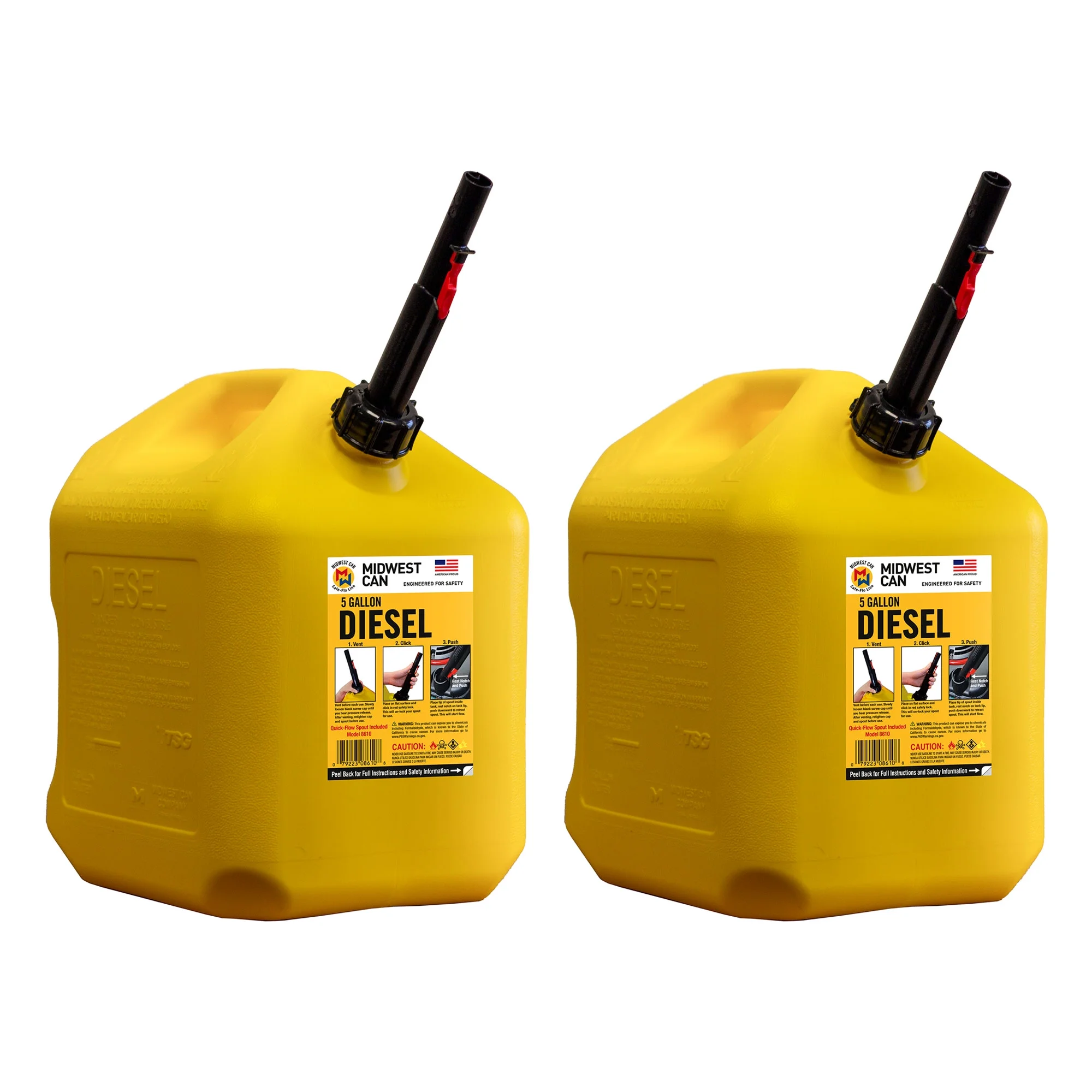 Midwest Can Company 5 Gallon Diesel Fuel Can Container, Yellow (2 Pack)
