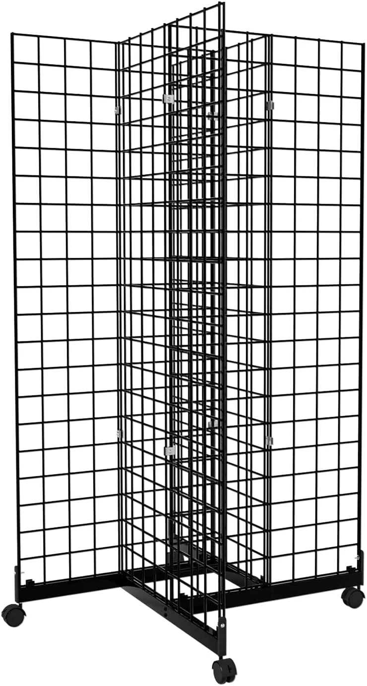 5' x 2' Wire Grid Panel Tower, 4-Way Grid Wall Display Rack with Rolling Base