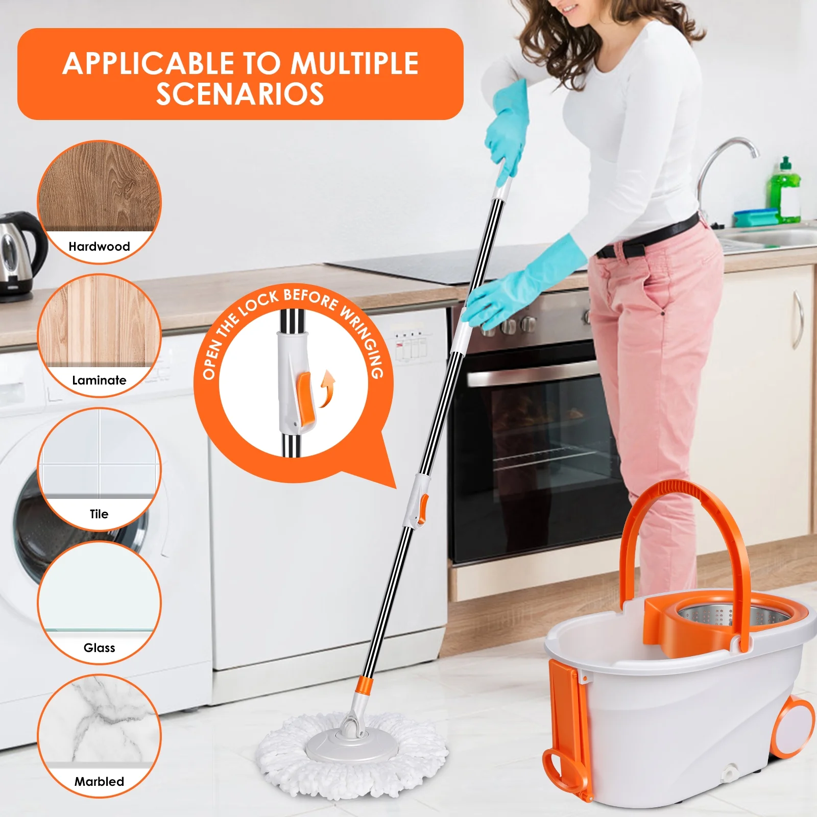 Masthome Handle Spin Mop and Bucket with Wringer Set for Floor Cleaning,6 Microfiber Mop Pads