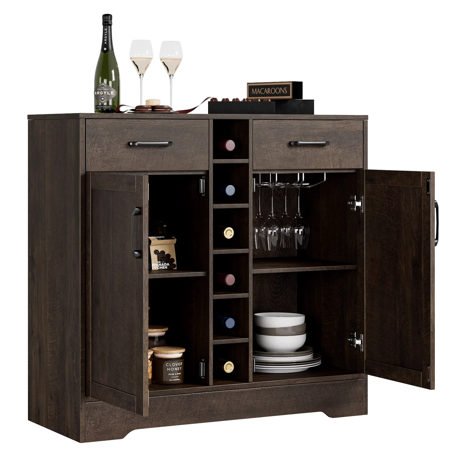 Homfa 6-Grid Wine Cabinet with Adjustable Shelf, Buffet Cabinet with 2 Drawers, Dark Brown