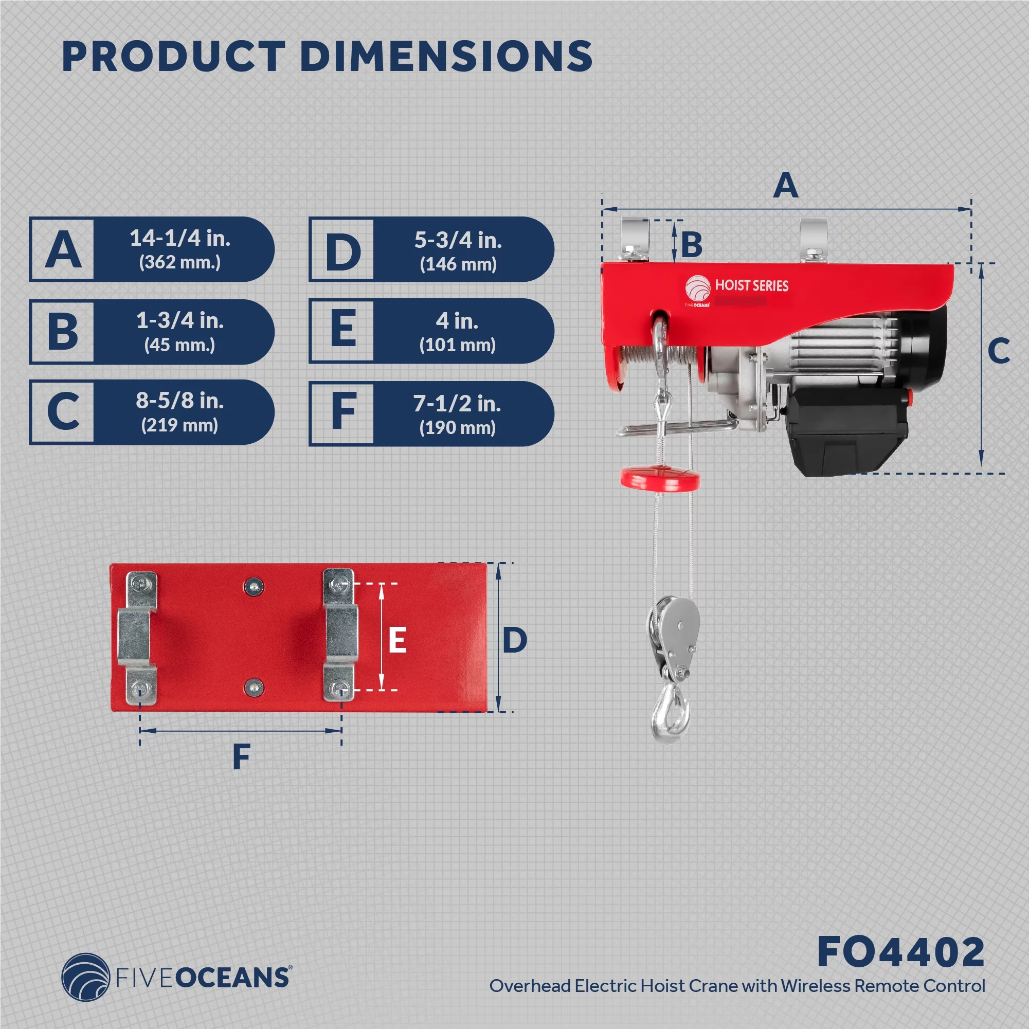 Five Oceans Electric Hoist, Hoist Pulley System, 1100 Lb Electric Winch with Wireless Remote Control 110 Volt - FO4402