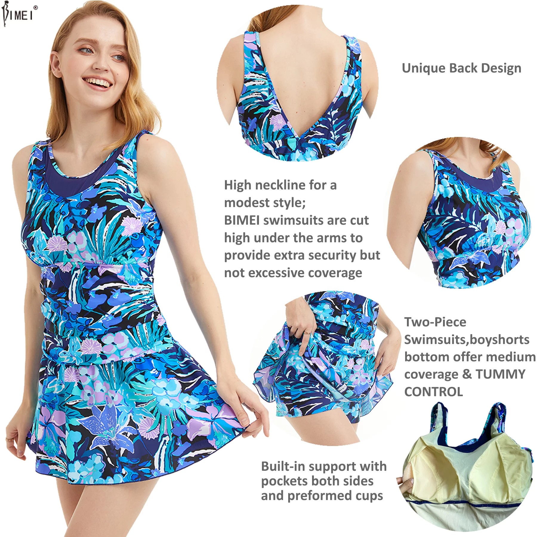 BIMEI Two Piece Mastectomy Swimsuit for Women Pocketed Tankini Swimdresss Tummy Control High Neck Halter Bathing Suits with Shorts 999,Blue,XL