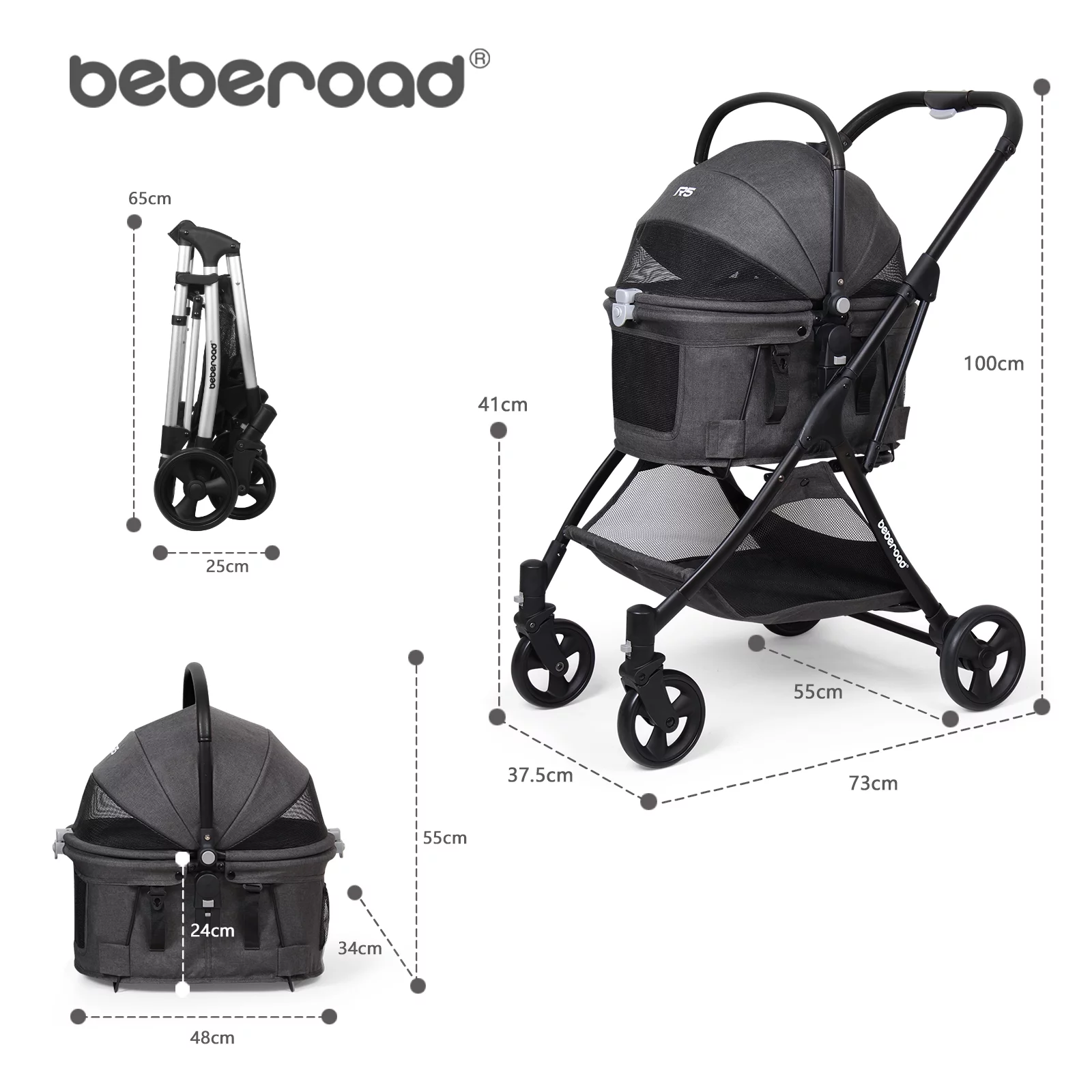 Beberoad Pets Pet Stroller for Small Dogs & Cats, with Removable Basket & Foldable Cart Frame, Inner Space Size 18.9