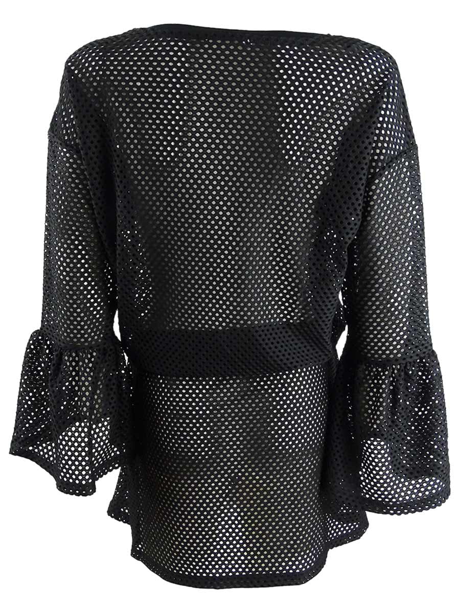 Calvin Klein Women's Sheer Bell-Sleeve Dress Swim Cover-Up (L/XL, Black)