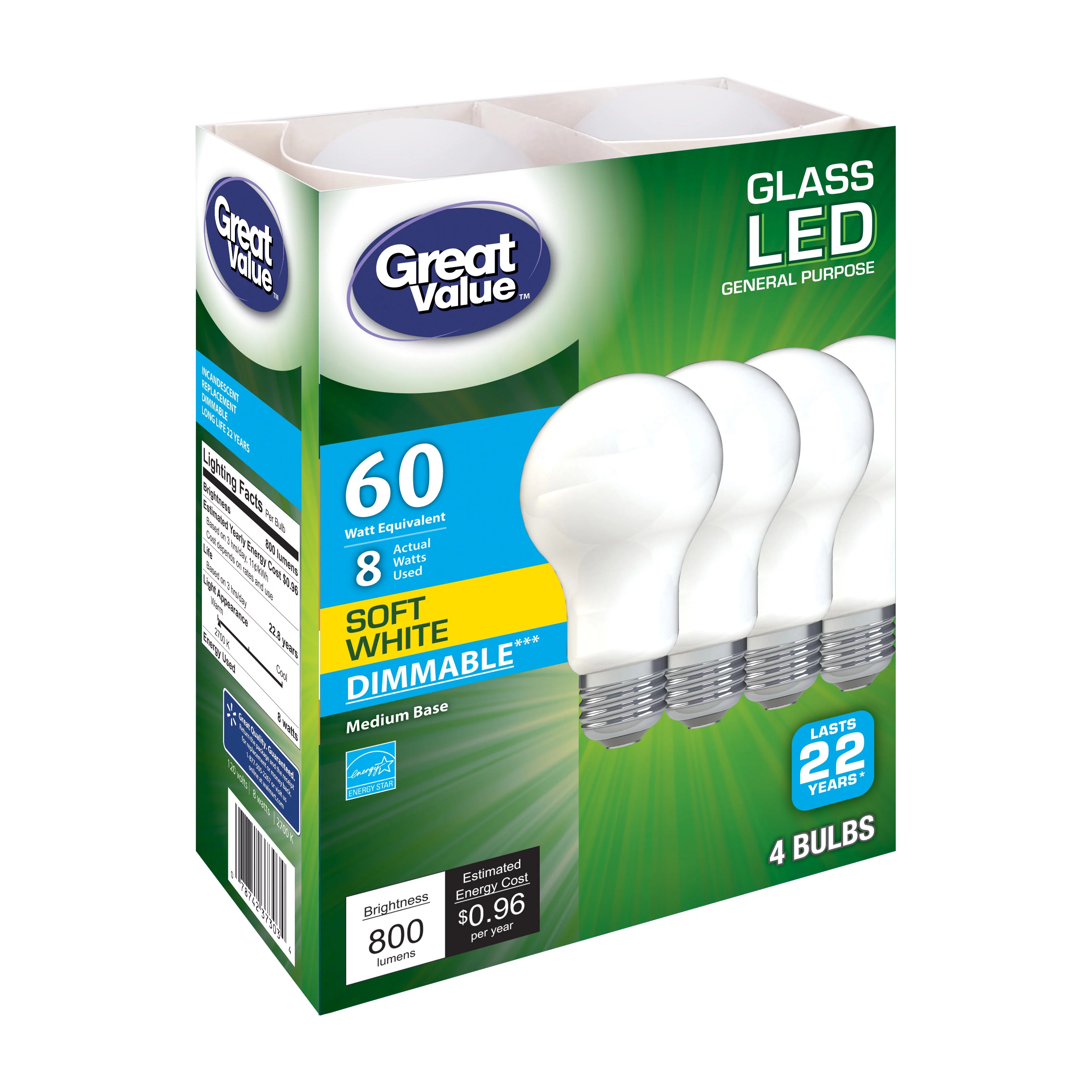 Great Value A19 Frosted General Purpose LED Light Bulb, 60W Replacement, Soft White, 4-Pack