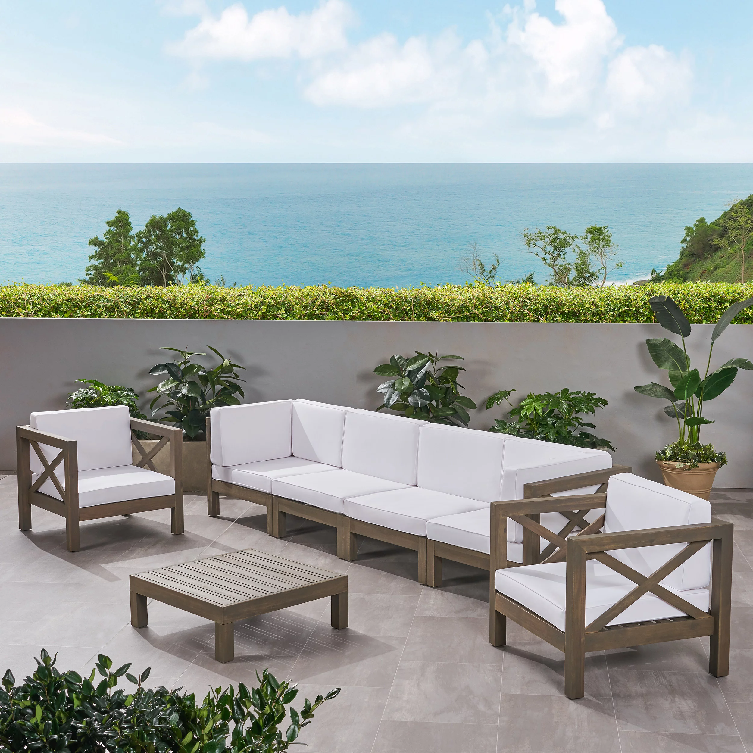 GDF Studio Keith Outdoor Acacia Wood 6 Seater Sofa Chat Set with Cushions, Gray and White