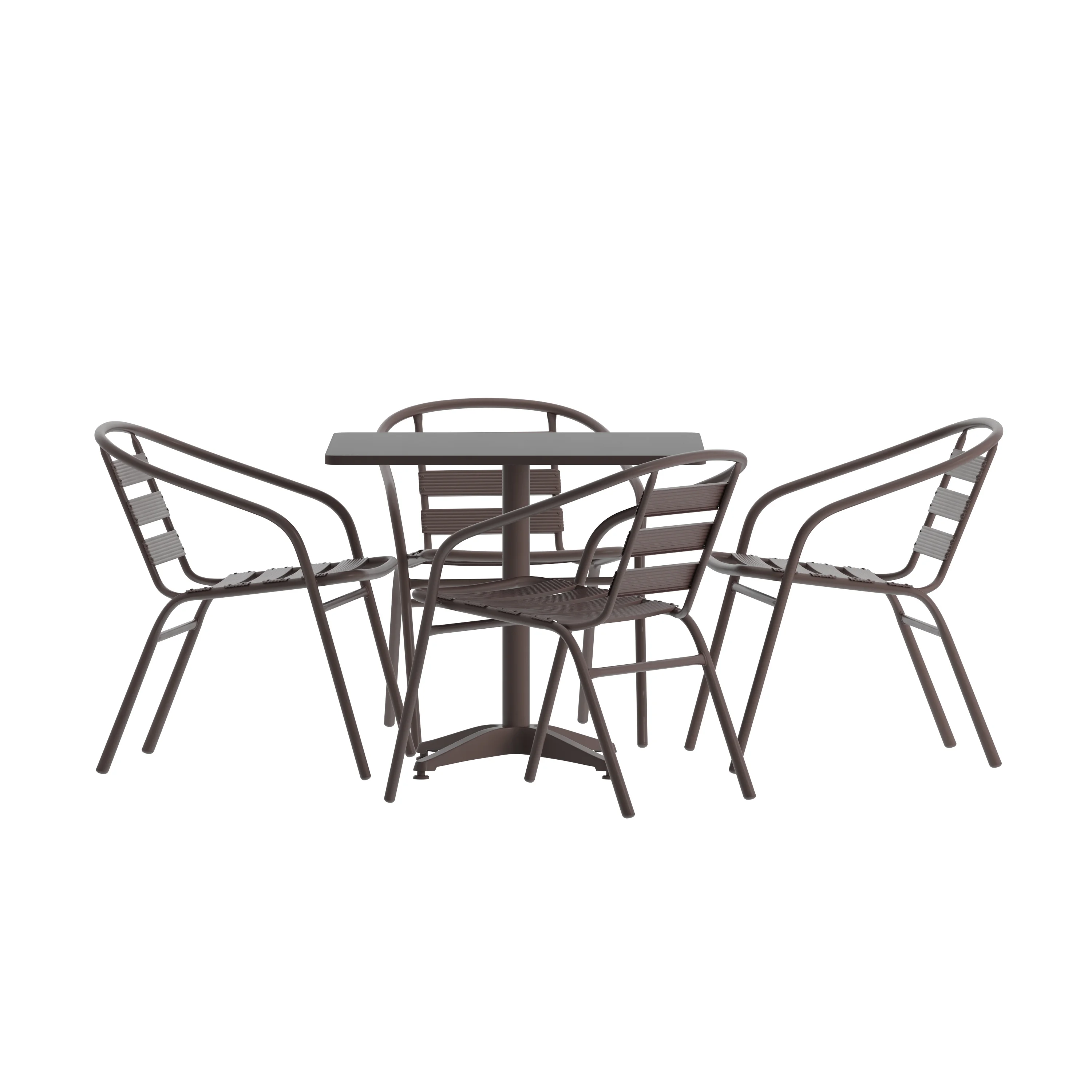 BizChair 31.5'' Bronze Square Aluminum Indoor-Outdoor Table Set with 4 Bronze Slat Back Chairs