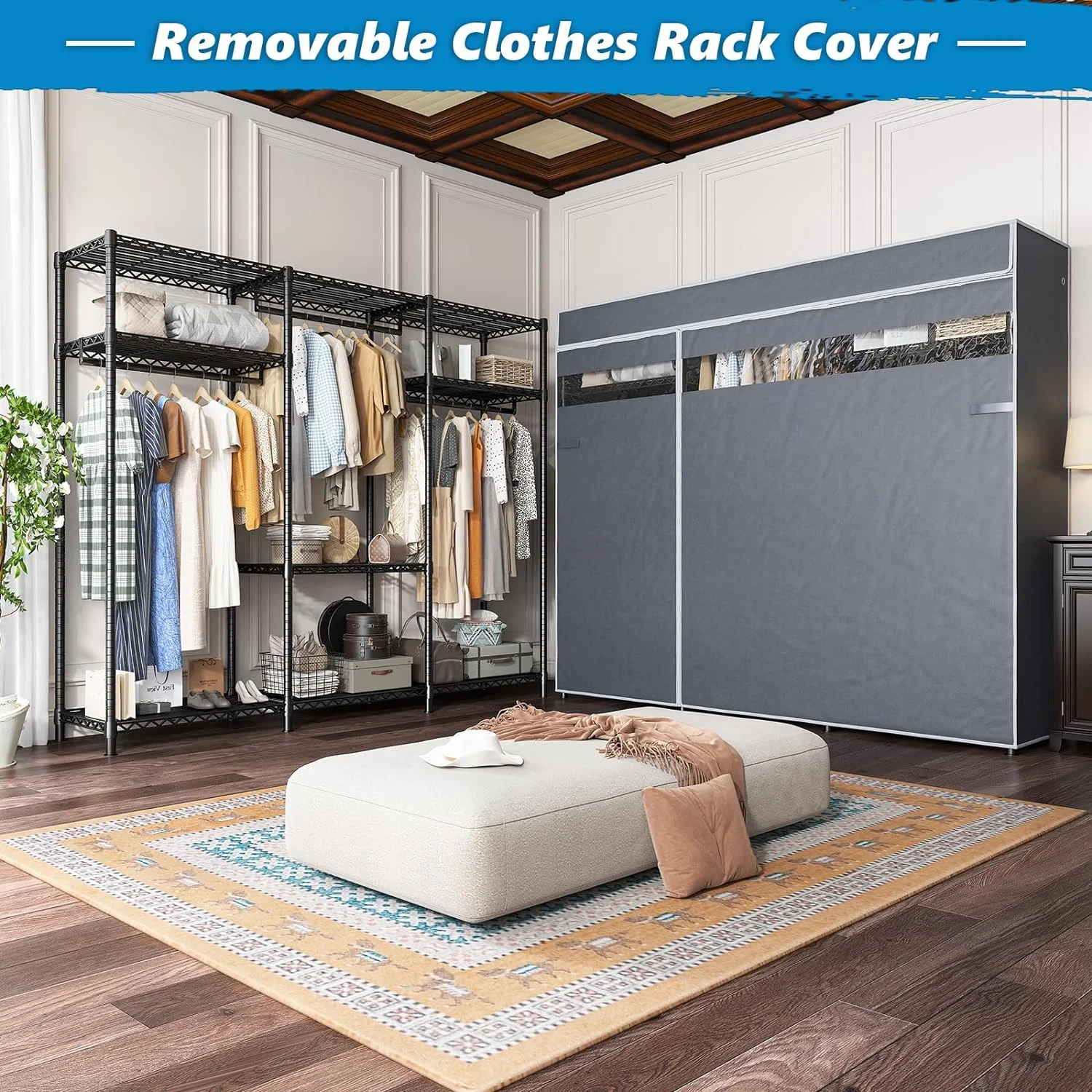 ONKER Clothes Rack, Clothing Rack with Cover Loads 795 LBS Clothing Racks for Hanging Clothes Portable Wadrobe Closet Heavy Duty Clothes Rack Wire Garment Rack 56