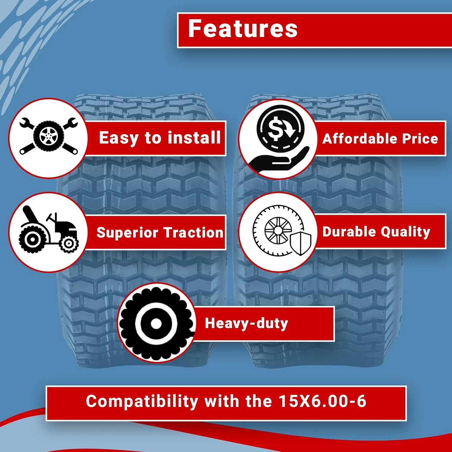 Justubes Two Tire Lawn Tubeless 15x6.00-6 Turf Tire 4 Ply Lawn Mower Tractor 15x6-6 NHS