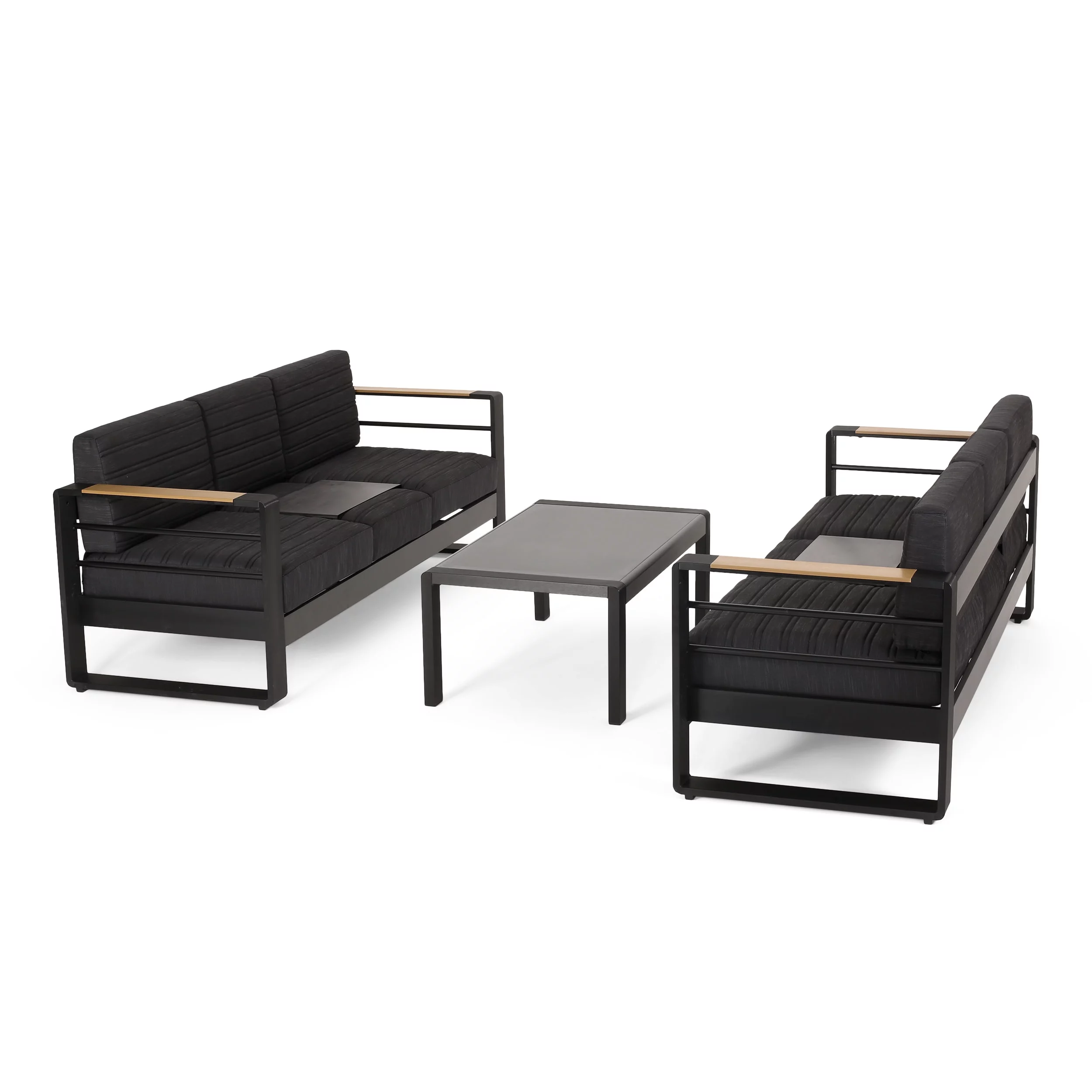 GDF Studio Neffs Outdoor Aluminum and Glass 6 Seater Sofa Chat Set with Cushions, Black, Natural, and Dark Gray