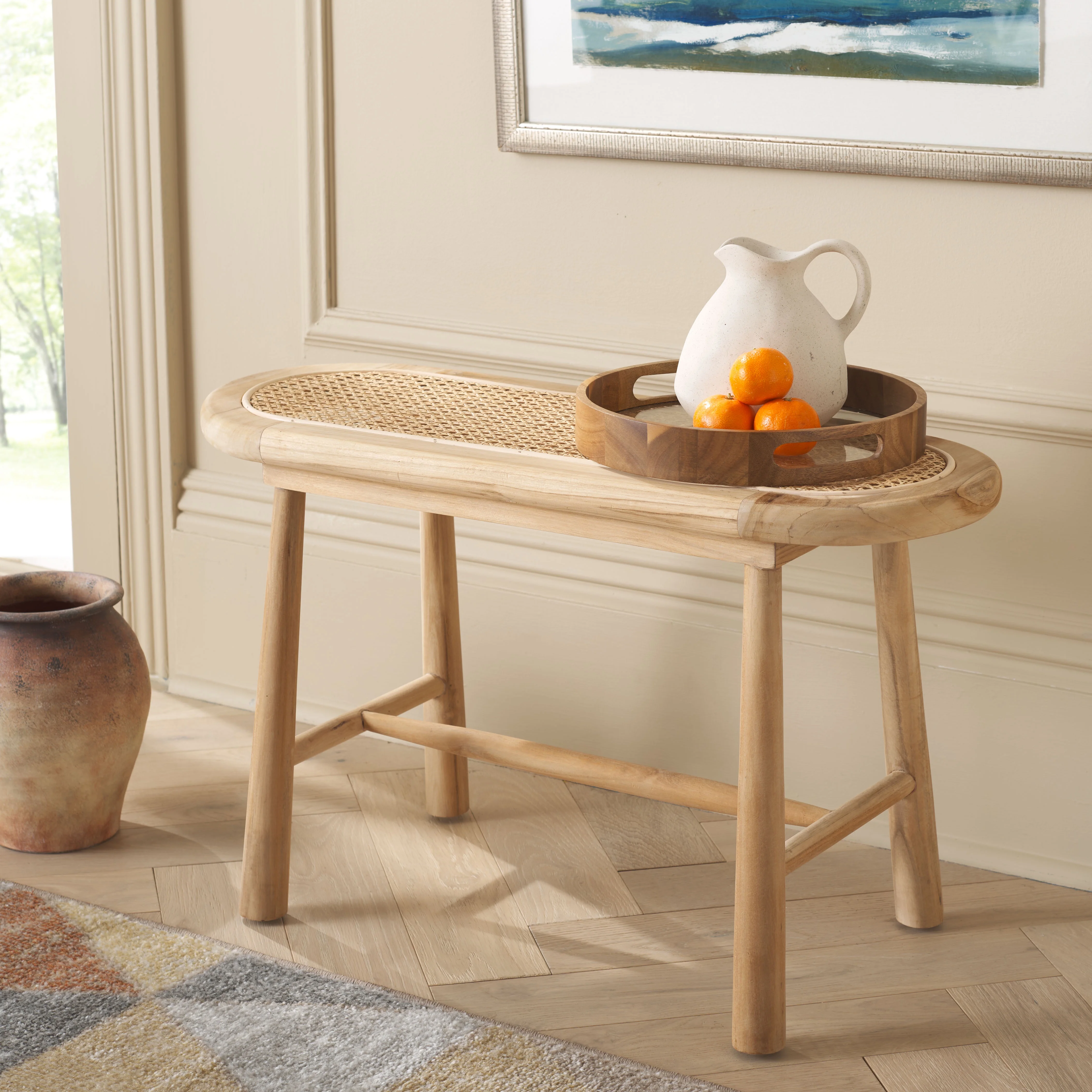 SAFAVIEH Anikka Rattan Bench, Natural (30.9 in. W x 11.8 in. D x 18.1 in. H)