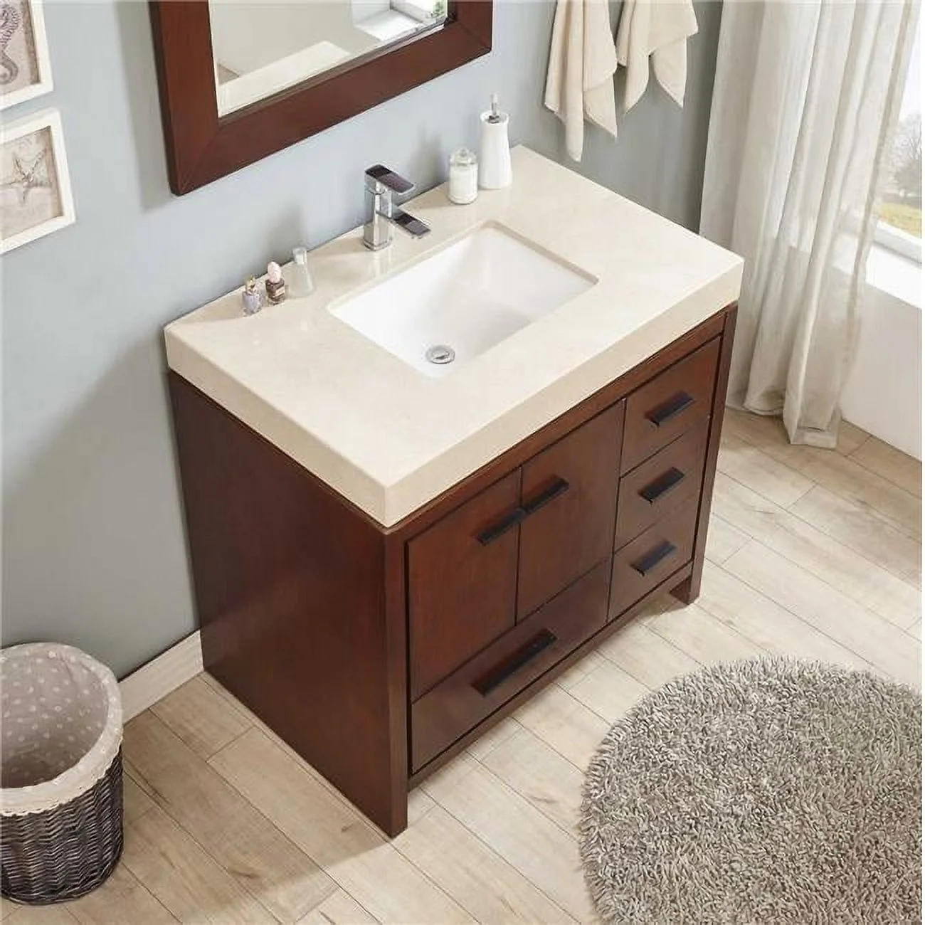 InVanity P36S-102E-CMM 36 in. Nadia Red Chestnut Single Vanity with Wide Line Undermount Sink - Cream Marfil Marble