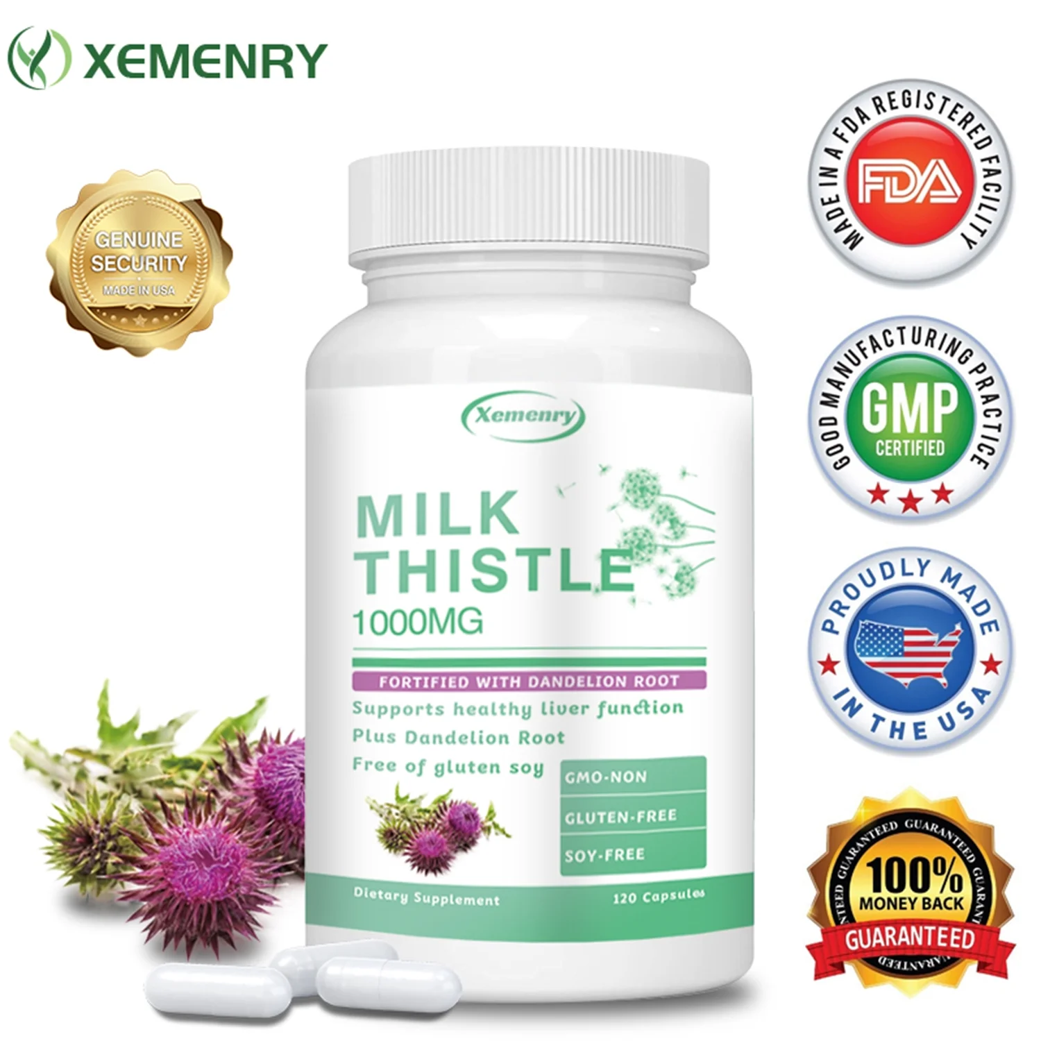 Xemenry Milk Thistle 1000mg - with Dandelion - Liver Cleanse, Detox and Repair Formula(30/60/120pcs)