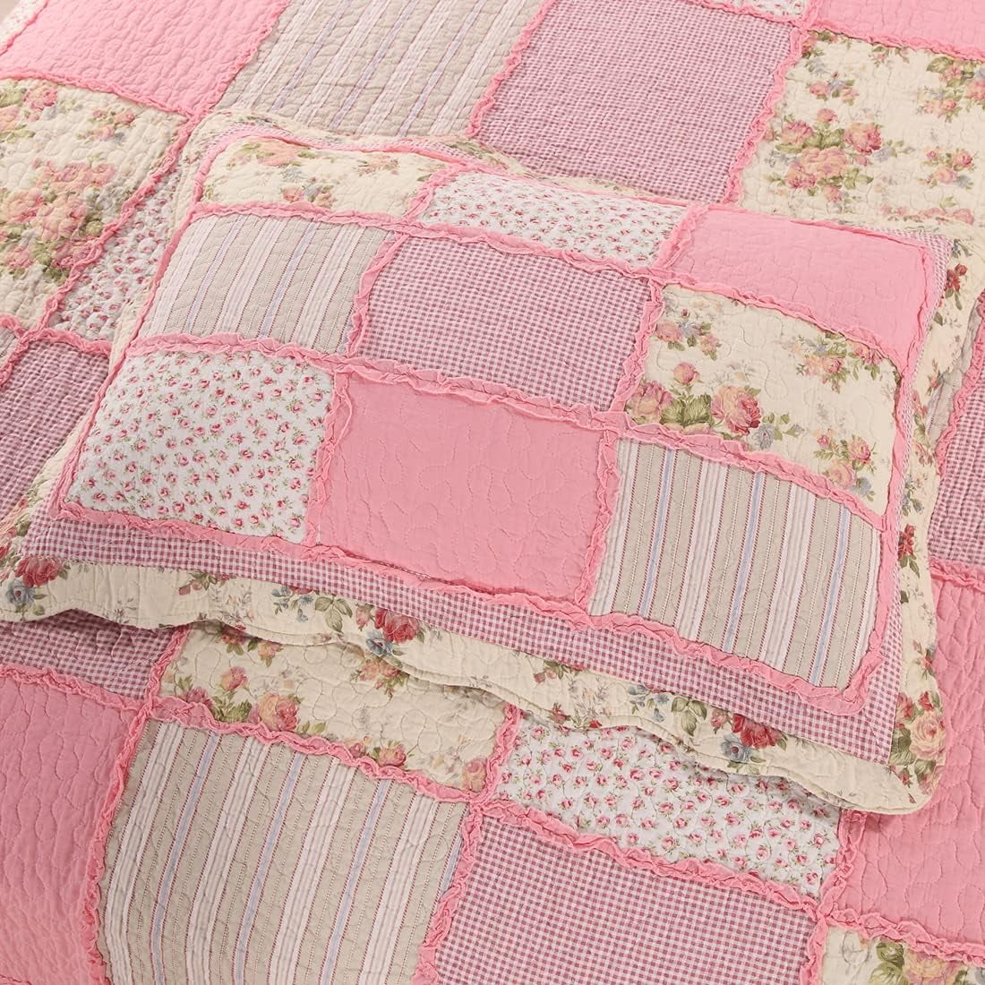 vctops 3 Piece Embroidered Floral Quilted Bedspread Quilt Set 100% Cotton Reversible Patchwork Coverlet Set 1 Quilt and 2 Pillow Shams (Green Queen)