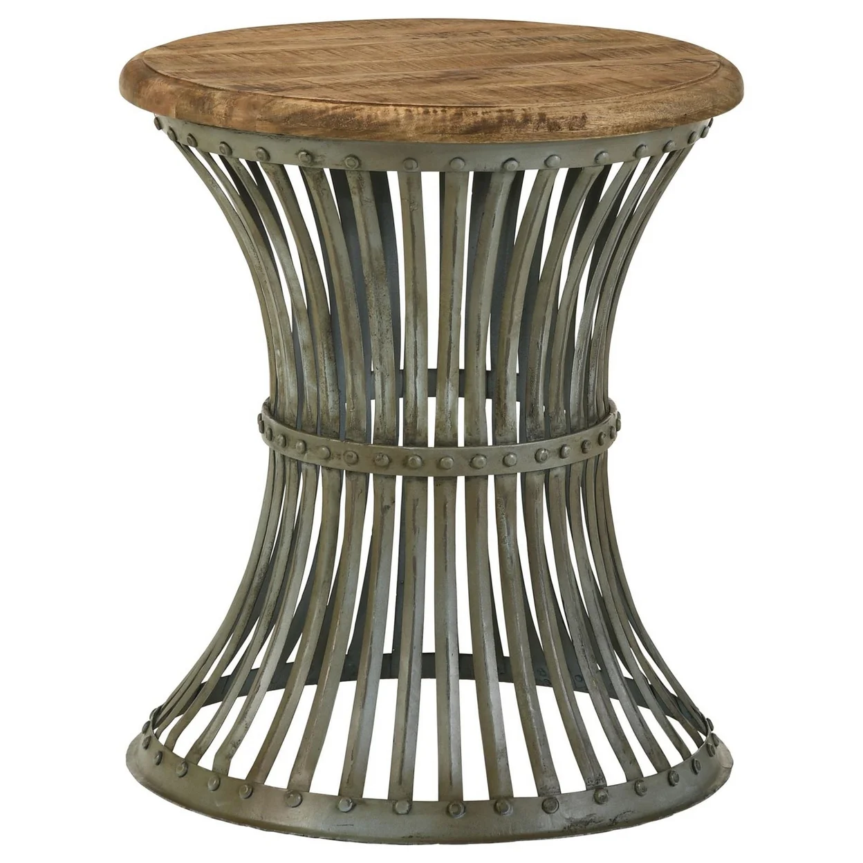 24 Inch Wood Round Accent Table with Hourglass Metal Base Distressed Blue - Saltoro Sherpi