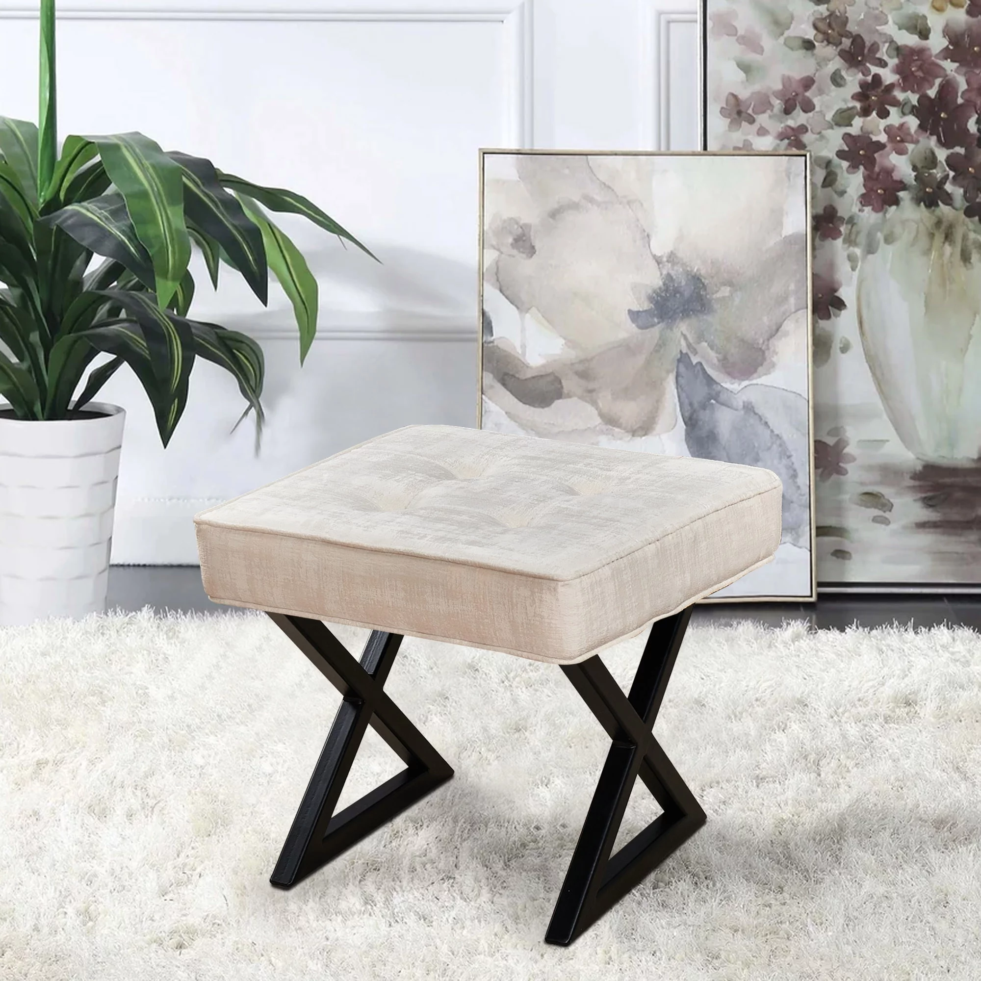 Home Soft Things Gardenia Textured Velvet Vanity Stool Ottoman - 18X18X17
