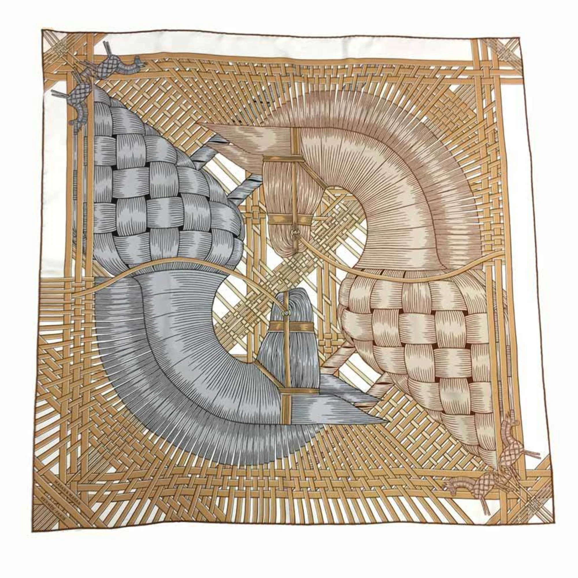 Pre-Owned HERMES Hermes Carre 90 Scarf Muffler MASAN&MASAN Masan 2021 White/Beige/Gray 100% Silk (Like New)