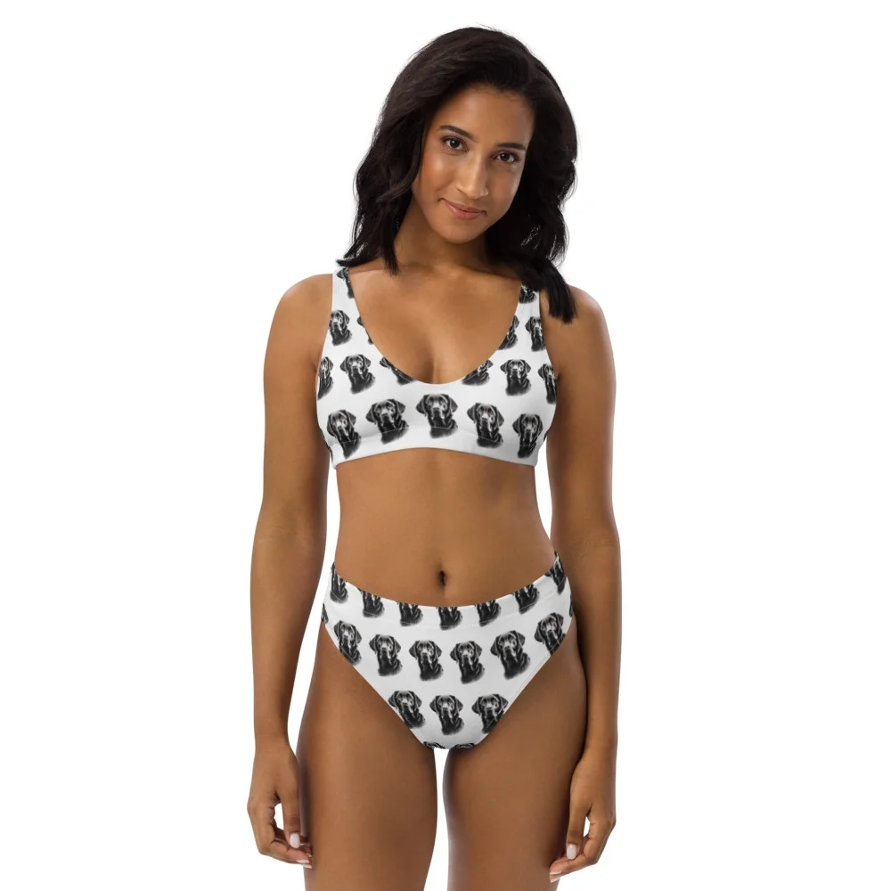 Autumn LeAnn Designs | Labrador Retriever Women's High Waisted Bottoms Bikini Set, White (XS)