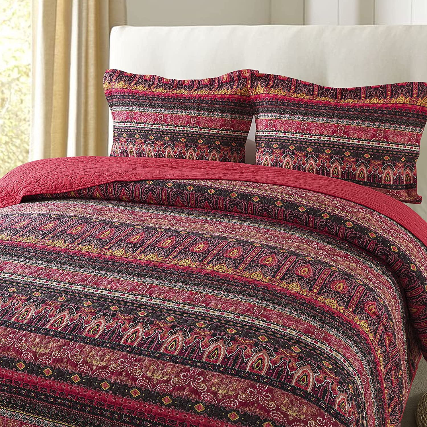 NEWLAKE Striped Classical Cotton 3-Piece Patchwork Bedspread Quilt Sets King Size