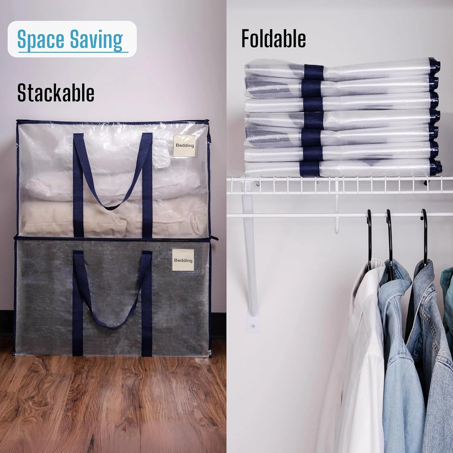 VENO 8 Pack XL Heavy Duty Foldable College Packing Moving Storage Zipper Bag W/ Reinforced Structure Alternative to Moving Box (Clear)