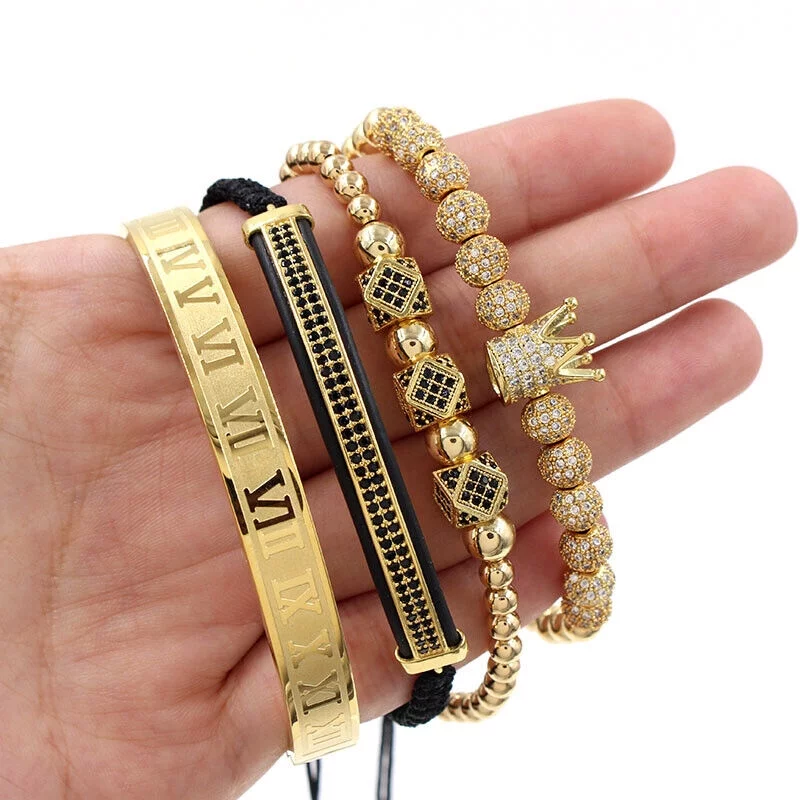 Luxury Punk Bracelets Set for men,4pcs Crown CZ diamond row crescent combination