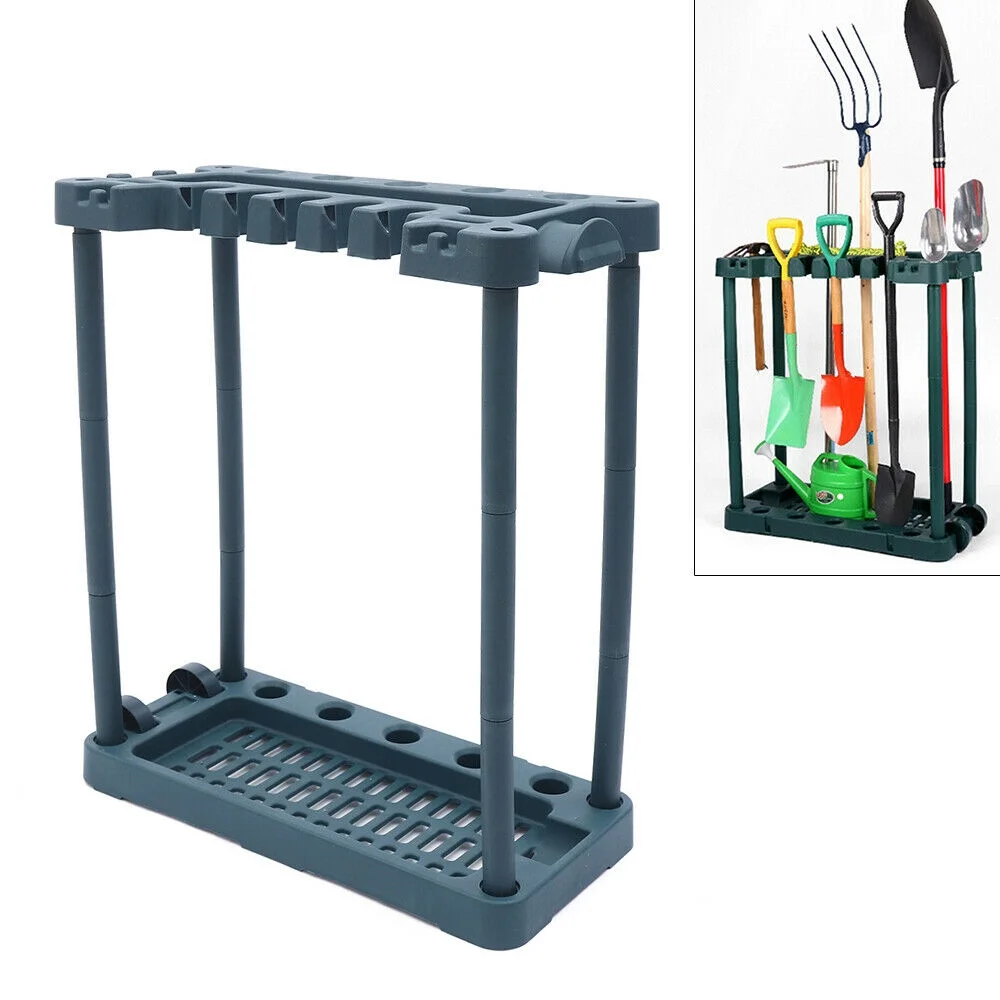Garden Tool Rack Garage Outdoor Tool Holder Storage Rack Organizer with 2 Wheels