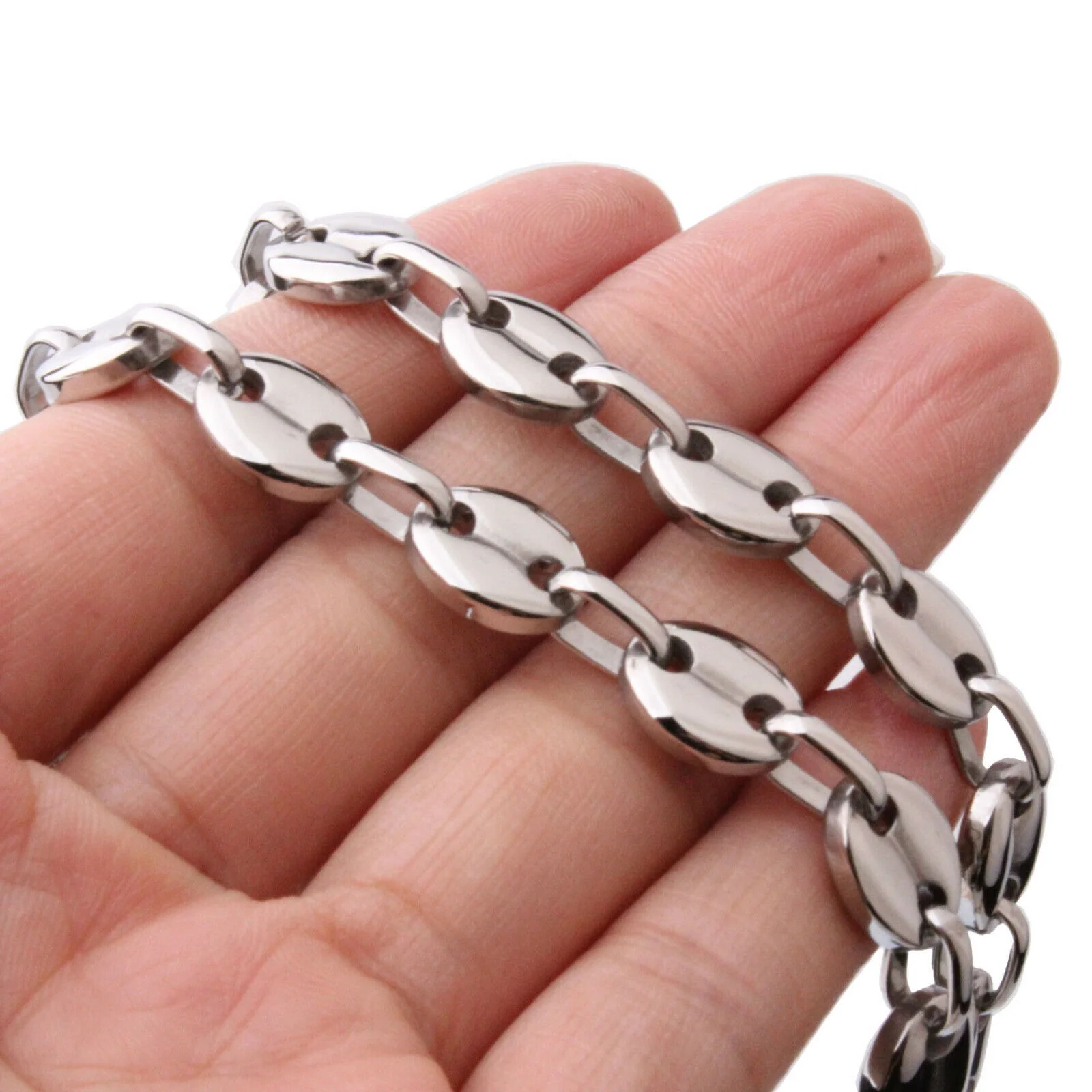 Polishing Silver 7/9/11mm Stainless Steel Men's Coffee Beans Link Chain Necklace