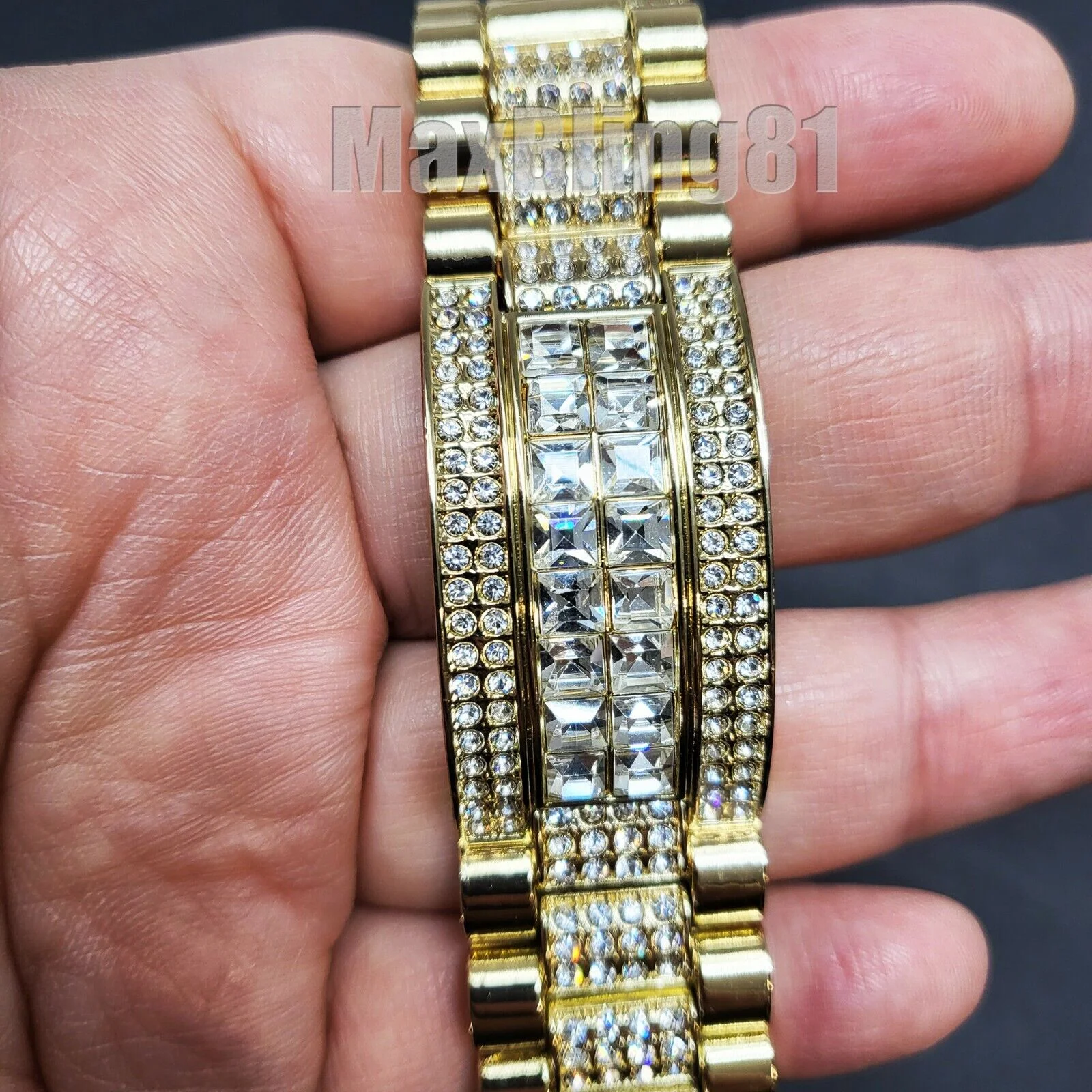 HIP HOP GOLD PT LUXURY METAL BAGUETTE STONE WATCH & ICED BRACELET COMBO SET