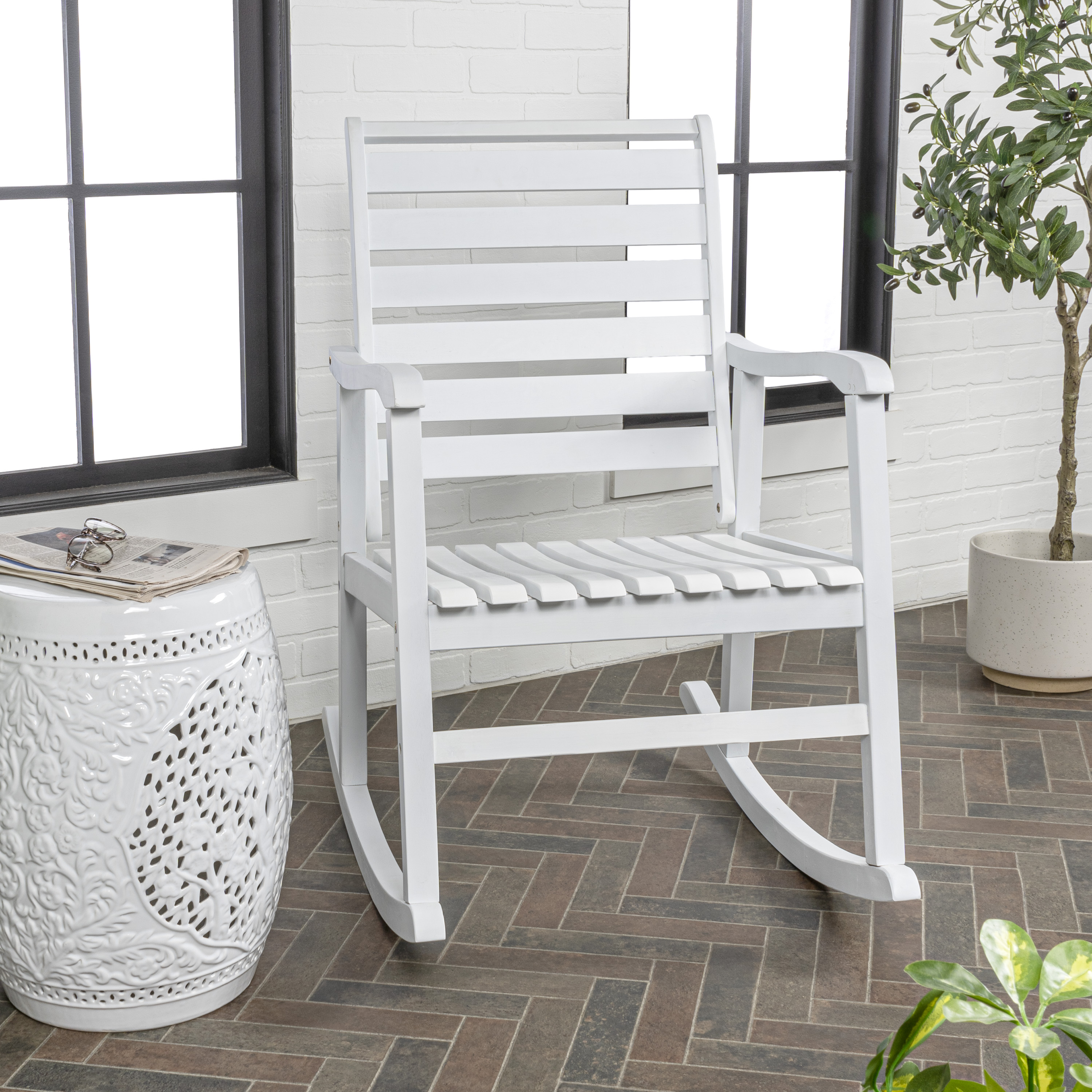 Carey Modern Slat-Back 300-Lbs Support Acacia Wood Patio Outdoor Rocking Chair, White