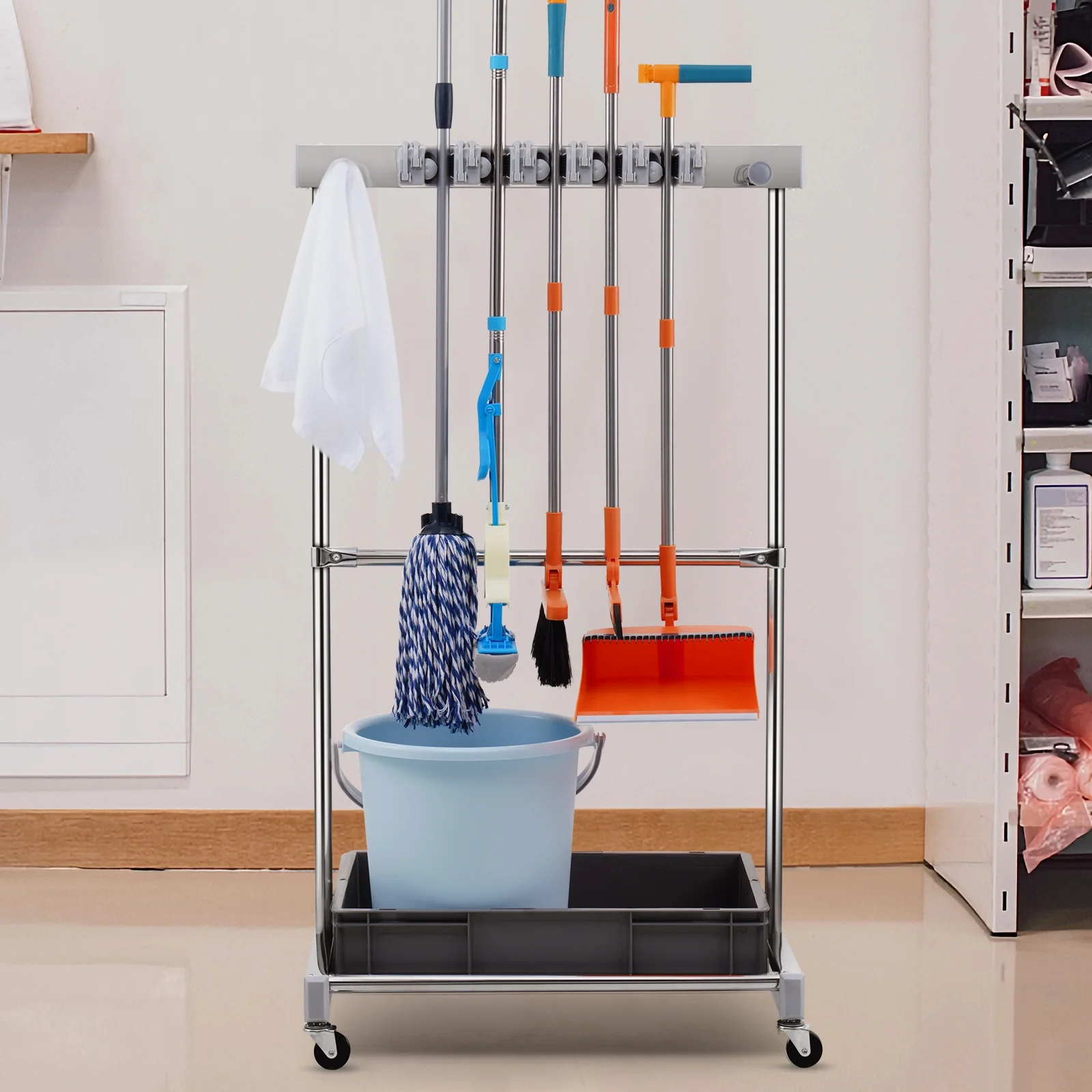 SKYSHALO Garden Tool Storage Rack with Wheels Garage Organizer 10 Slots with Hooks