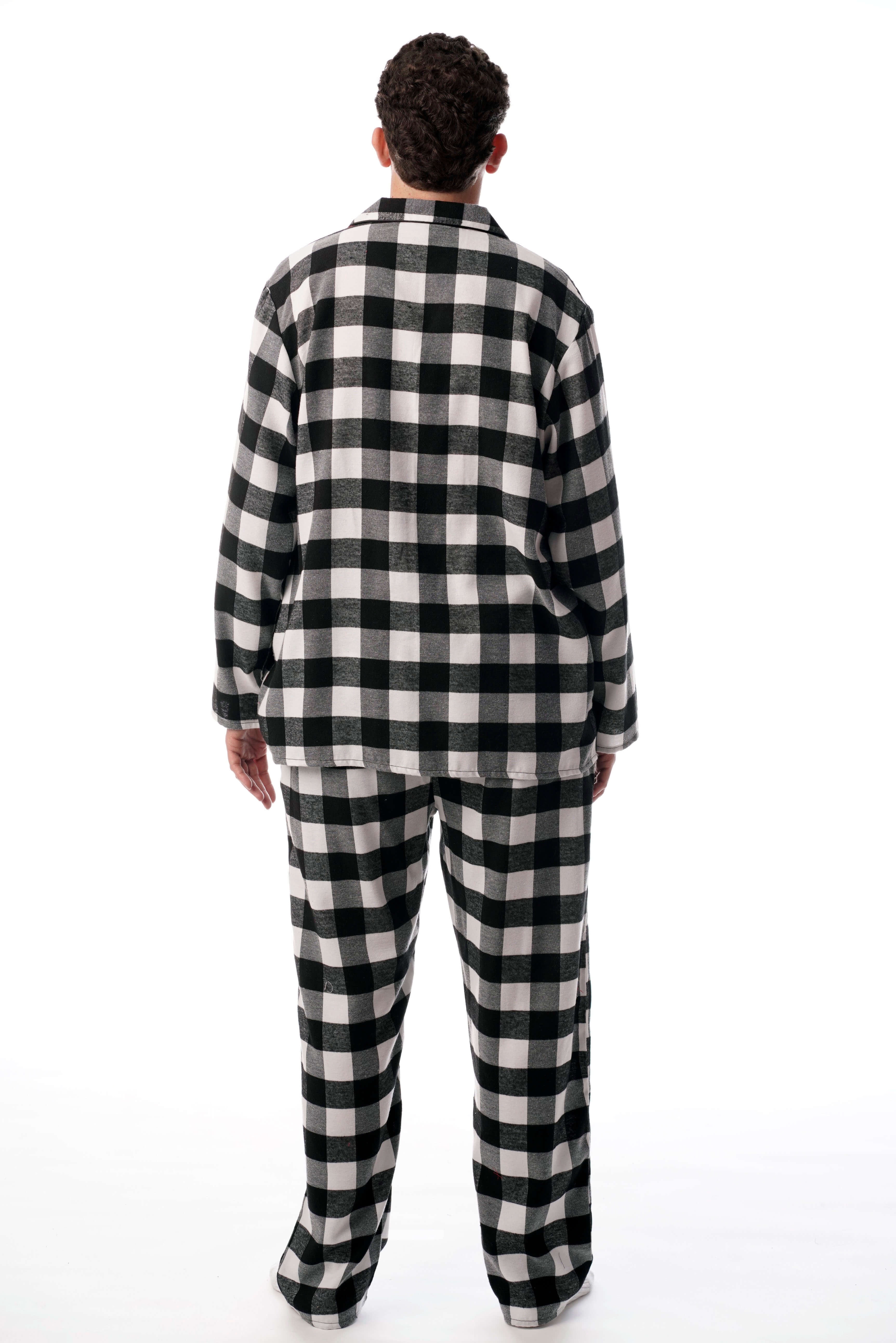 #followme Mens Plaid Button Front Flannel Pajamas Set (Large, Black / White - Buffalo Plaid)
