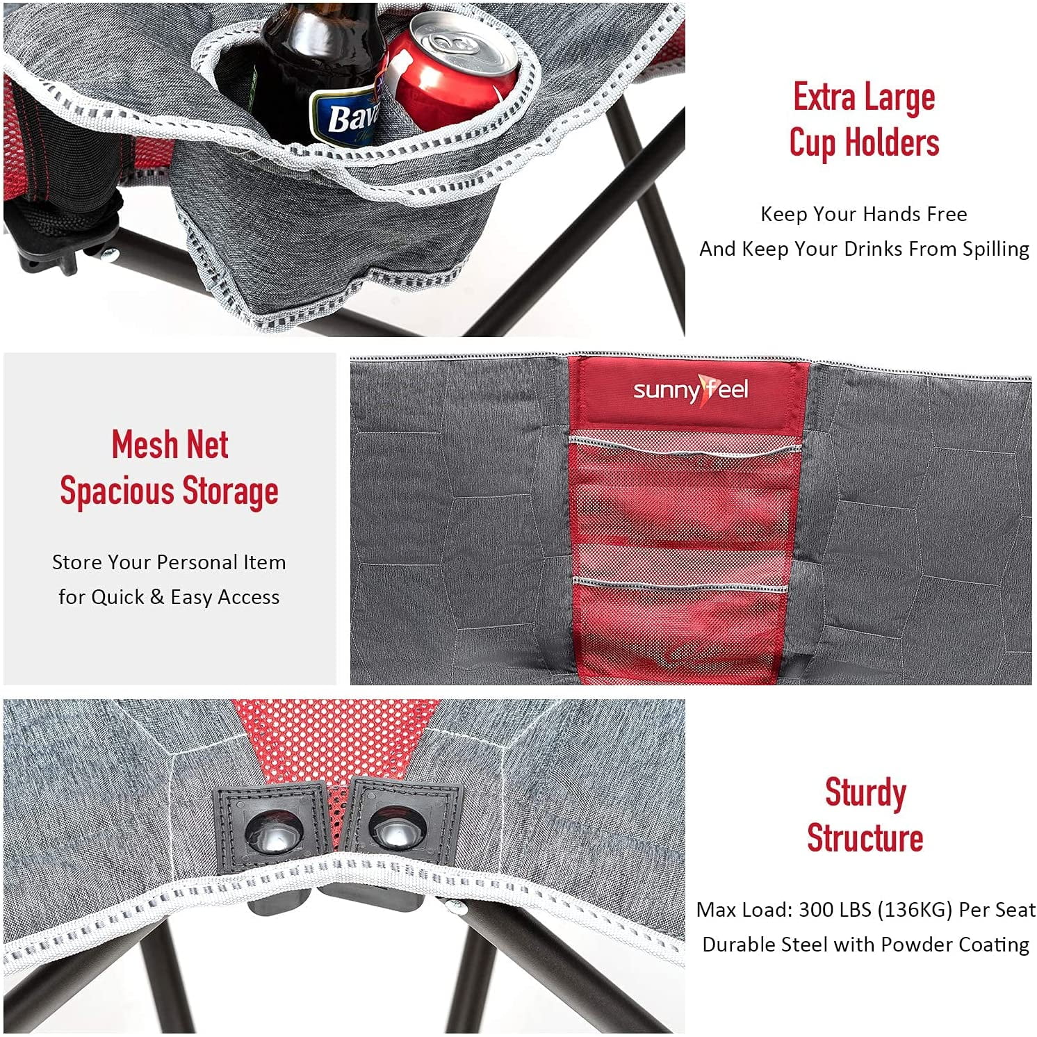 SunnyFeel Double Camping Chair Folding Loveseat Oversized for 2 Person (Gray)